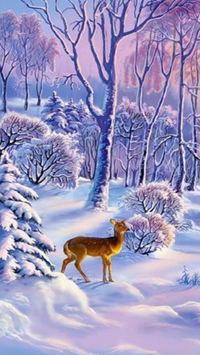 Handy-Wallpaper Winter, Schnee, Baum, Reh, Hirsch, Künstlerisch kostenlos herunterladen.