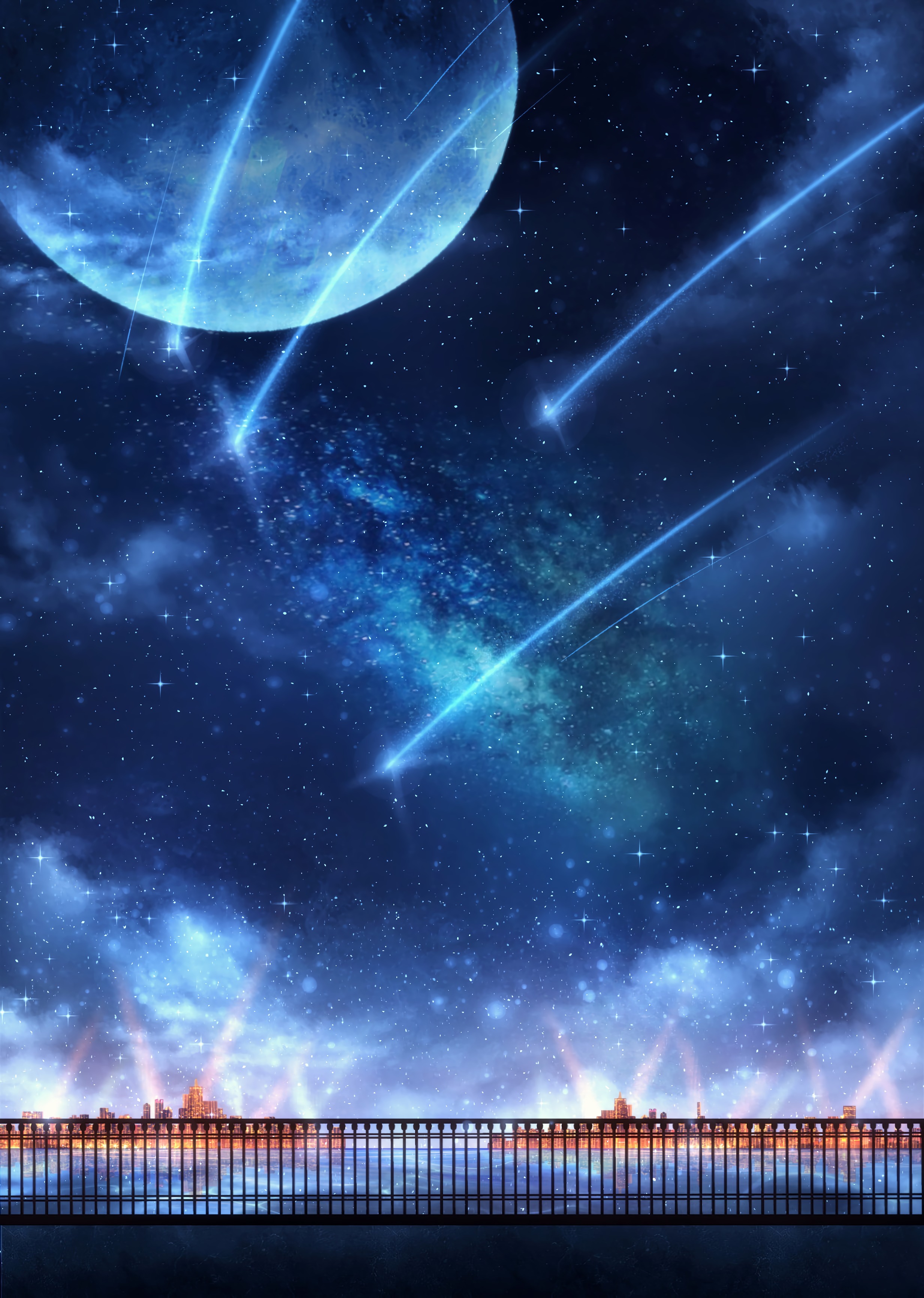 nebula, art, moon, lights, fence, particles