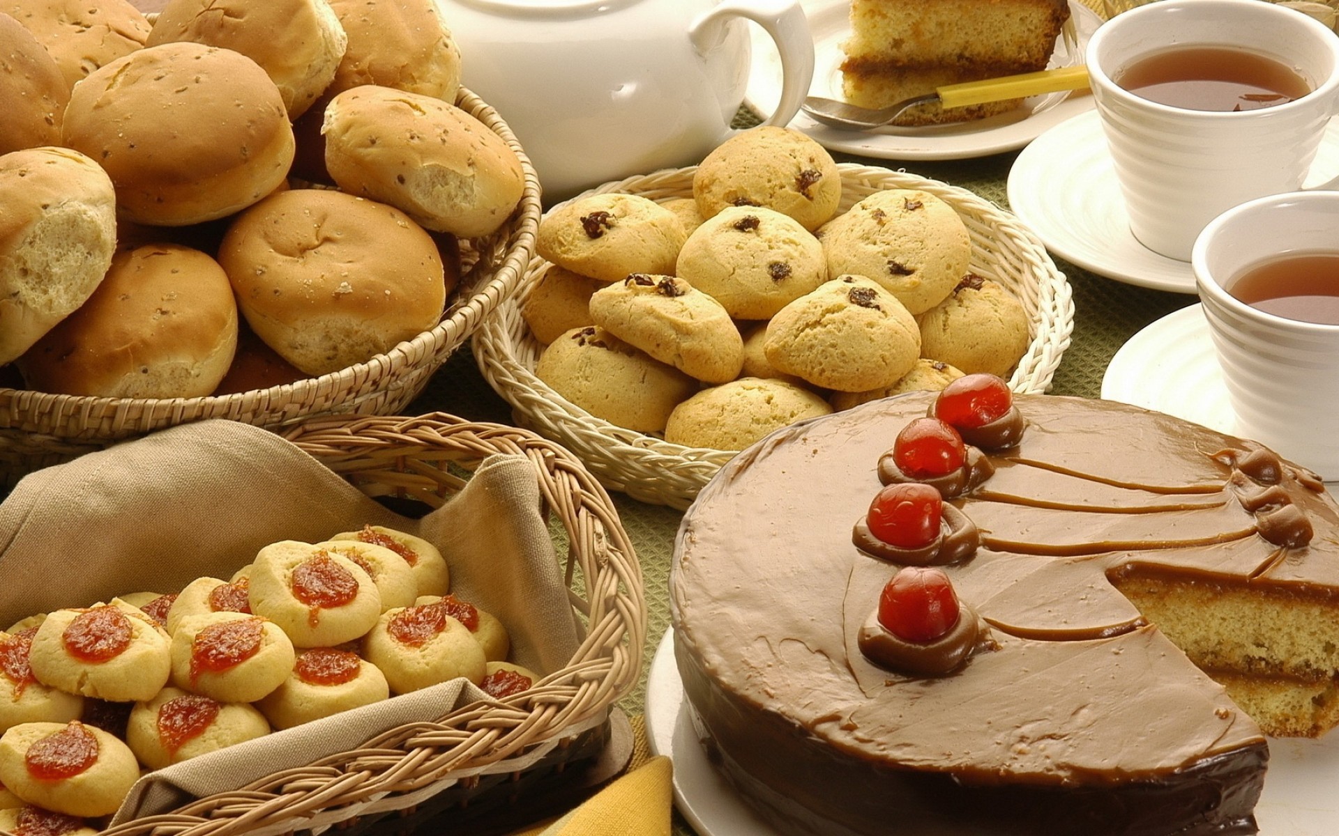 Download mobile wallpaper Food, Cherry, Cake, Tea, Bread, Cookie for free.