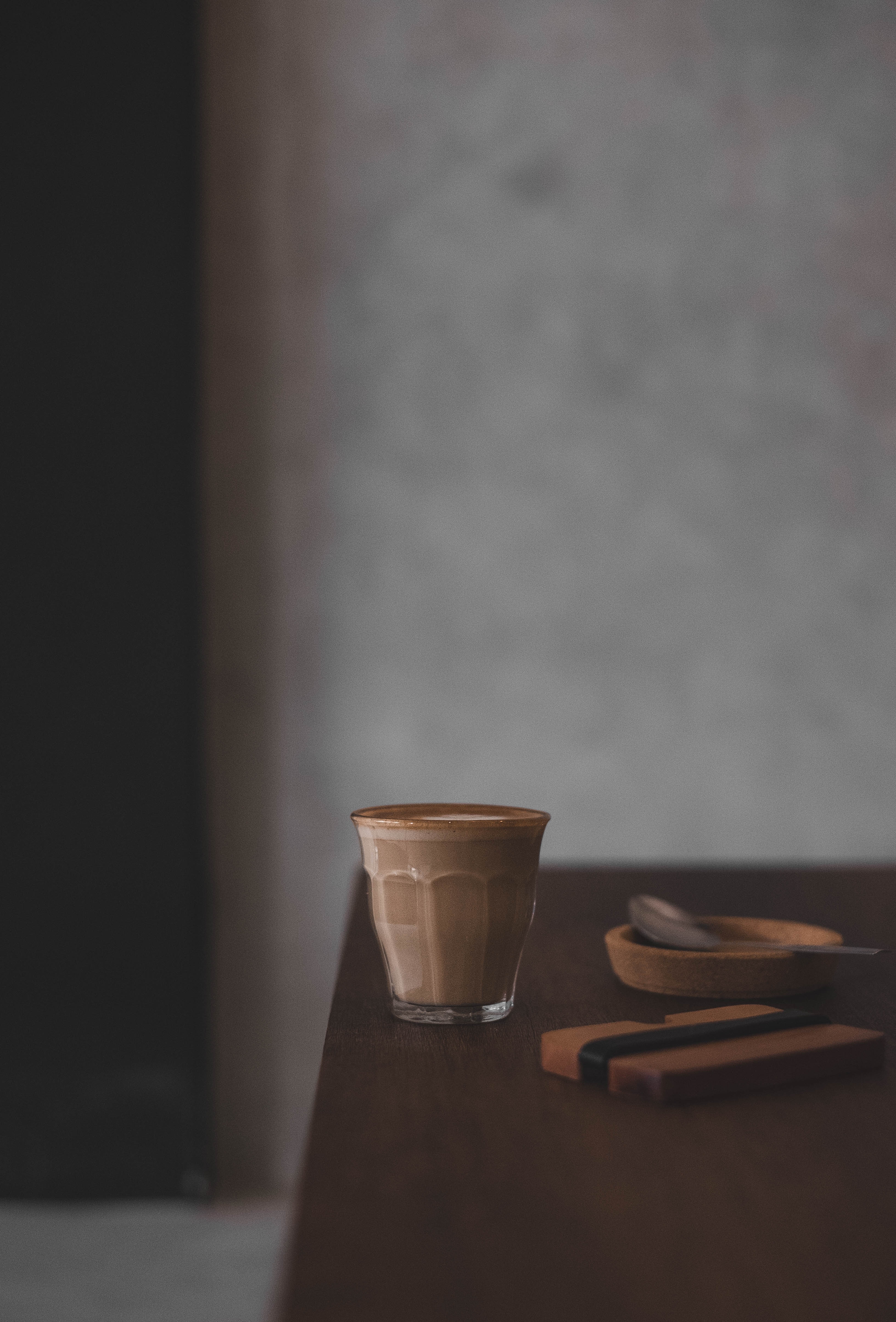 Download mobile wallpaper Beverage, Cup, Smooth, Table, Food, Coffee, Drink, Blur for free.