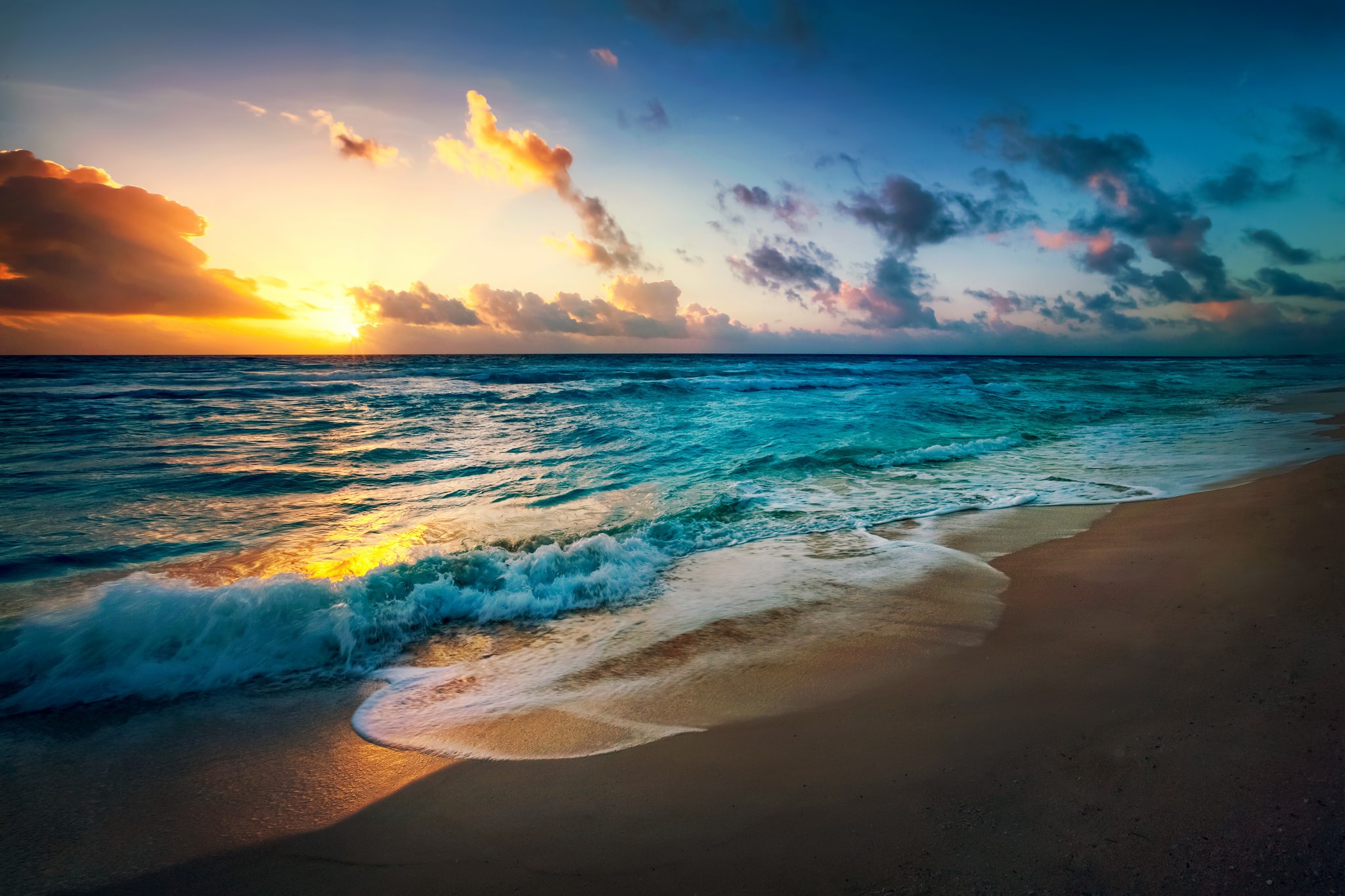 Download mobile wallpaper Sunset, Sea, Beach, Horizon, Ocean, Earth, Wave for free.