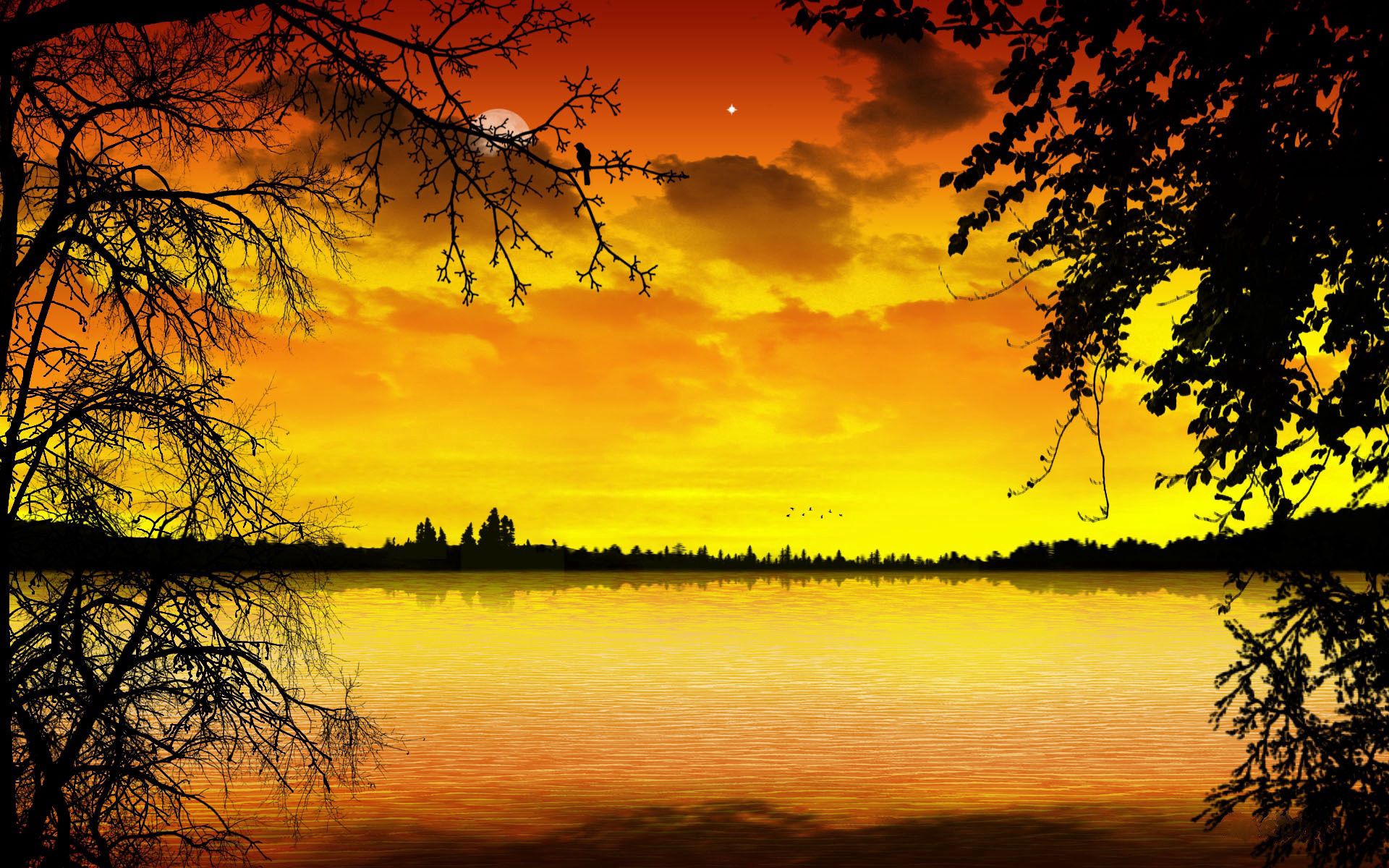 Download mobile wallpaper Trees, Branches, Star, Outlines, Lake, Branch, Sunset, Nature, Moon for free.