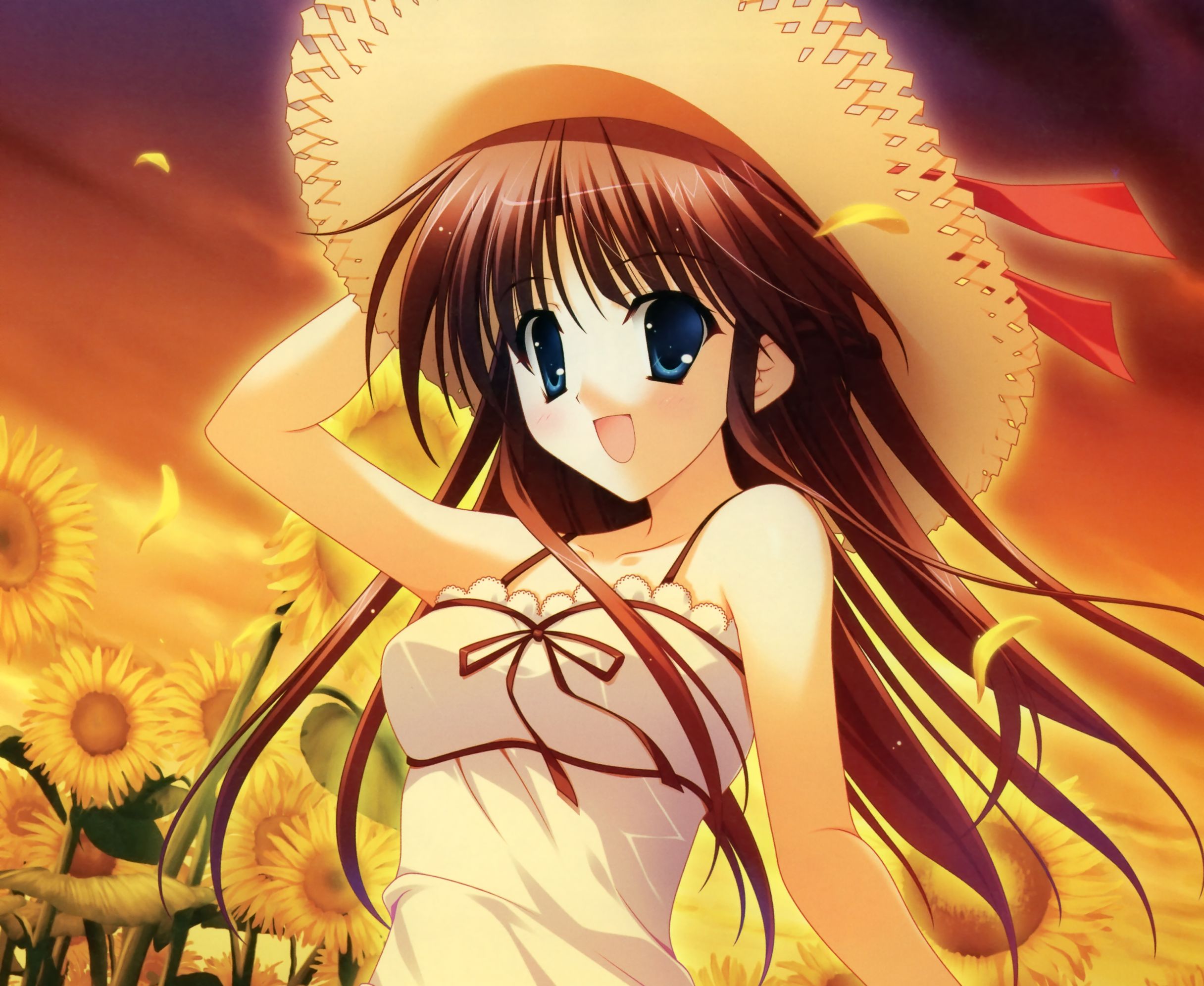 Free download wallpaper Anime, Sunset, Smile, Sunflower, Hat, Blue Eyes, Original, Long Hair, Brown Hair on your PC desktop