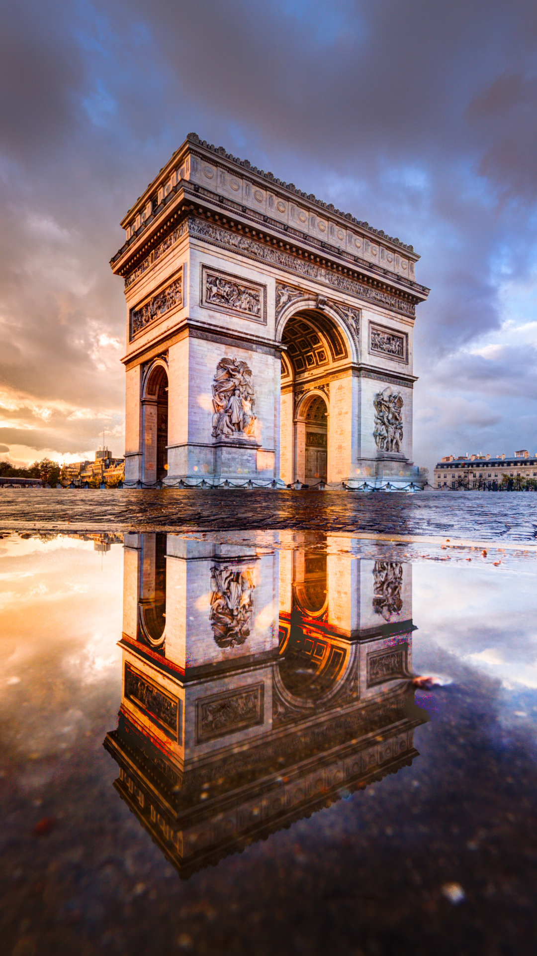 Download mobile wallpaper Paris, Monuments, Reflection, France, Cloud, Monument, Arc De Triomphe, Man Made for free.