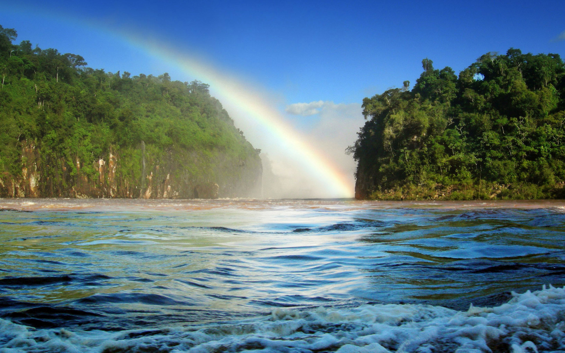 Free download wallpaper Landscape, Rivers, Sky, Rainbow on your PC desktop