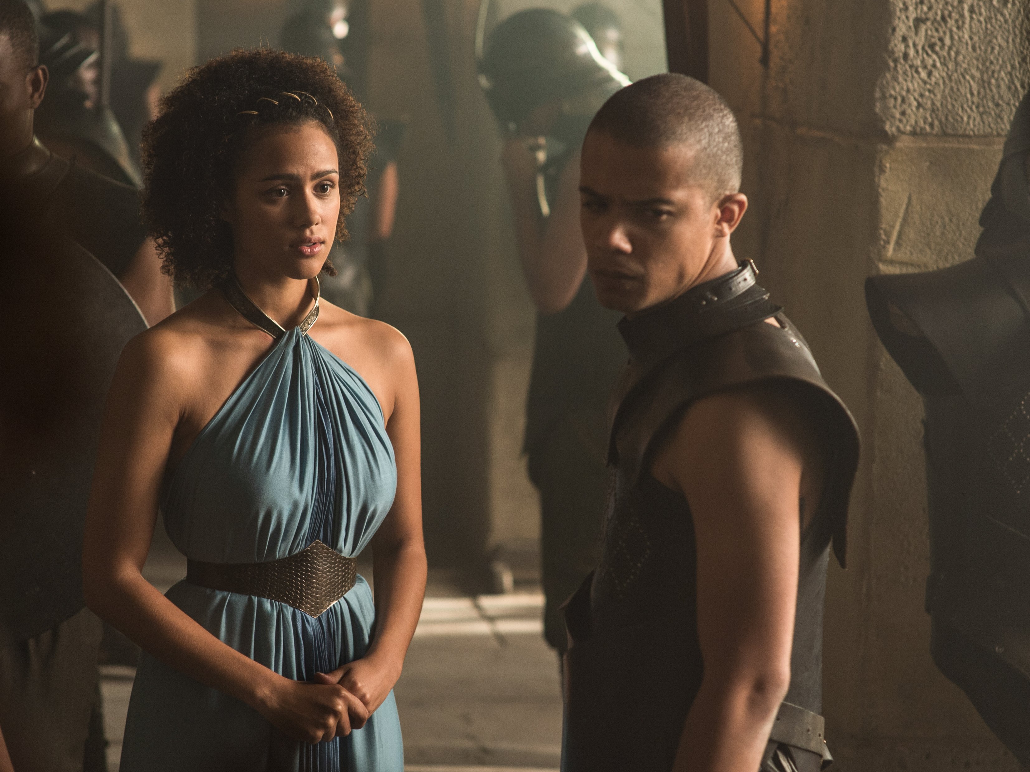 tv show, game of thrones, grey worm, jacob anderson, missandei (game of thrones), nathalie emmanuel