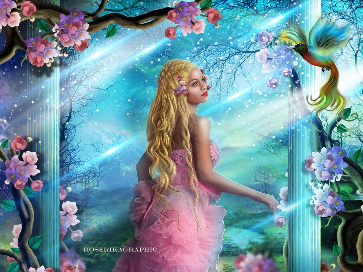 Laden Sie das Fantasie, Rosa, Blume, Säulen, Frauen, Blondinen-Bild kostenlos auf Ihren PC-Desktop herunter