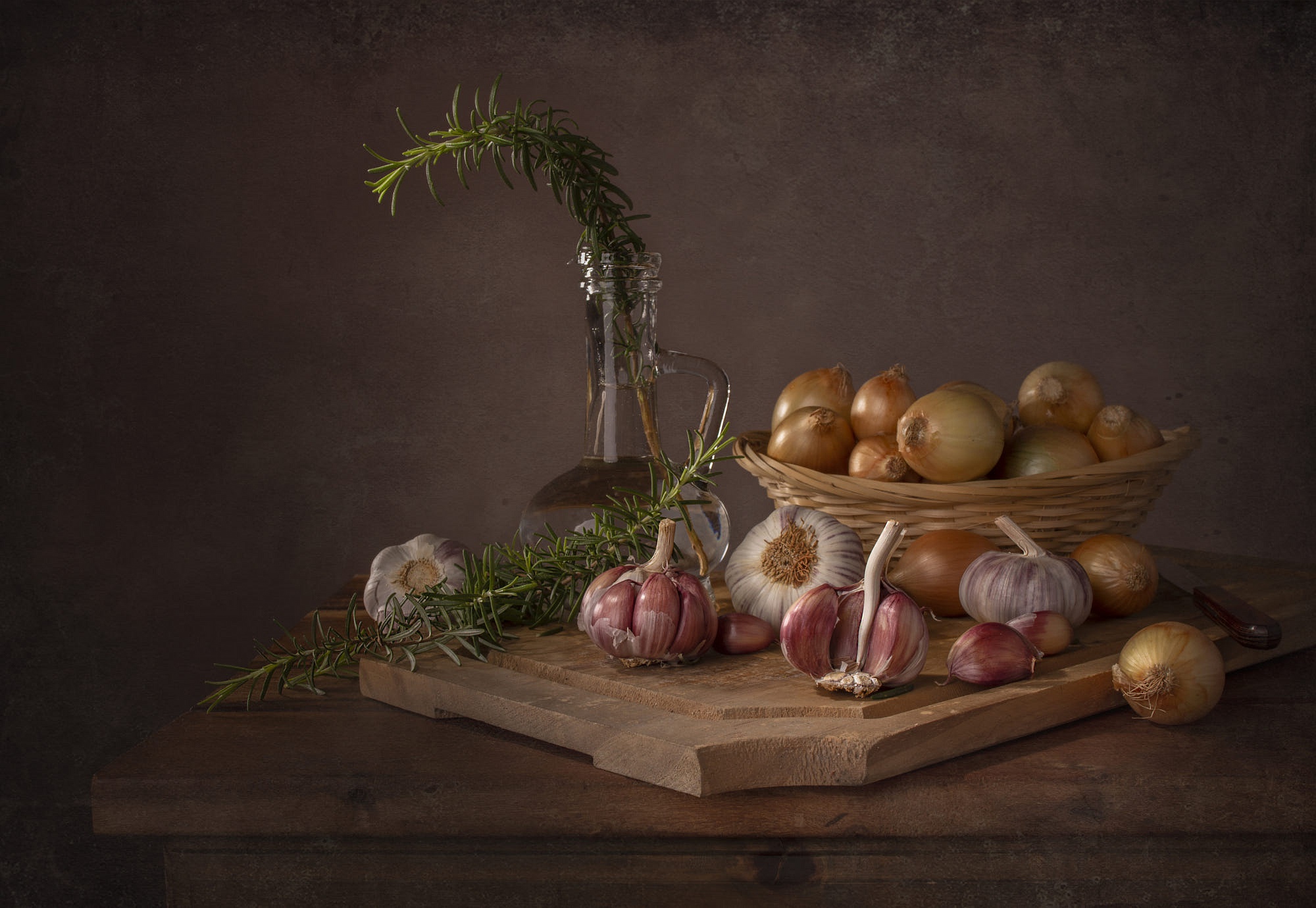 food, still life, garlic, jug, knife, onion wallpaper for mobile