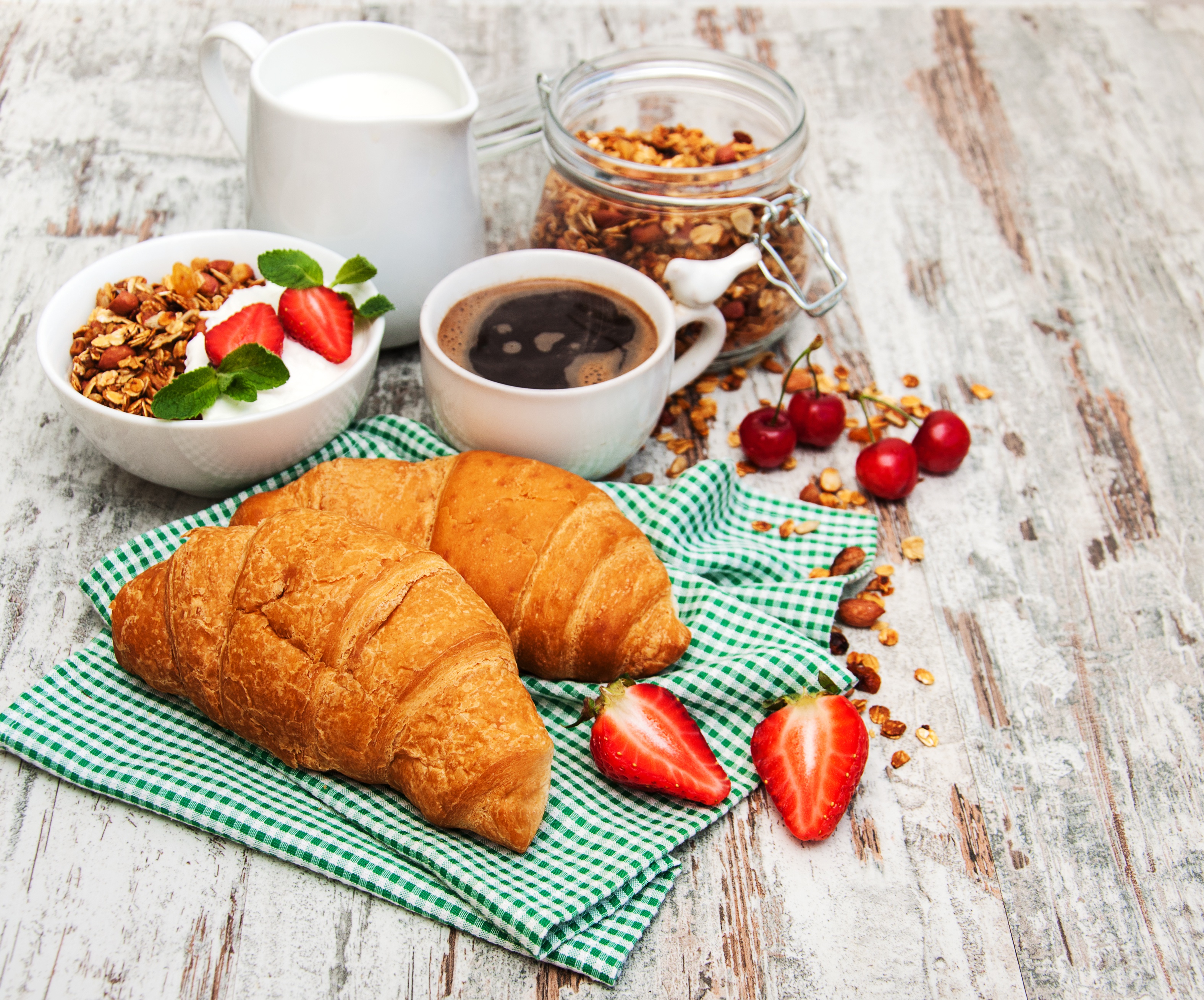 Free download wallpaper Food, Coffee, Still Life, Cup, Berry, Fruit, Muesli, Breakfast, Croissant, Viennoiserie on your PC desktop