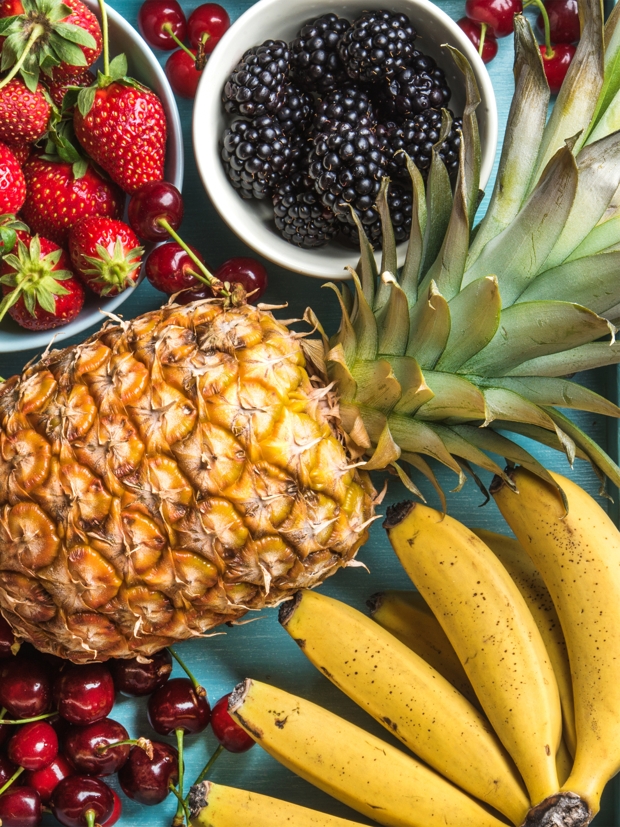 Download mobile wallpaper Fruits, Food, Strawberry, Cherry, Blackberry, Fruit, Banana, Pineapple for free.