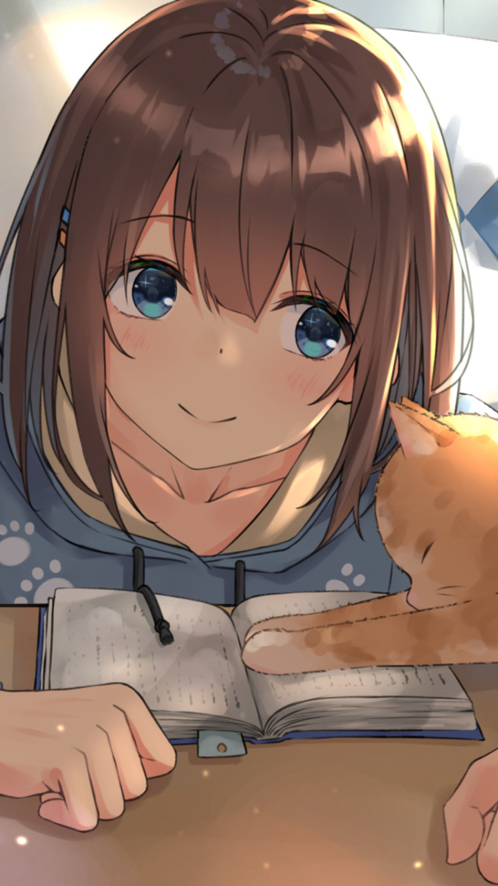 Download mobile wallpaper Anime, Cat, Book, Blue Eyes, Original, Brown Hair for free.