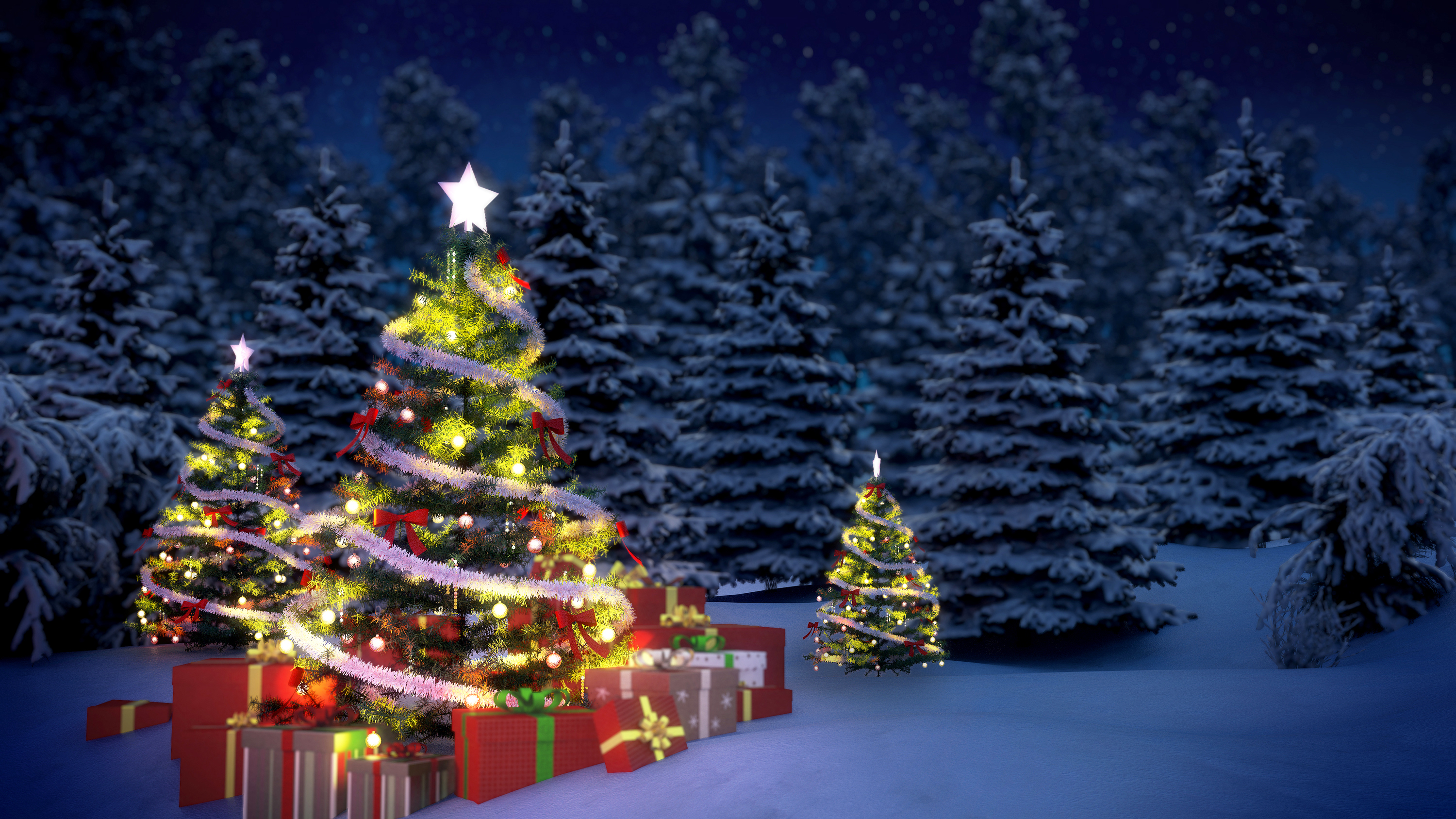 Скачать картинку Зима, Ночь, Снег, Рождество, Рождественская Елка, Подарки, Праздничные в телефон бесплатно.