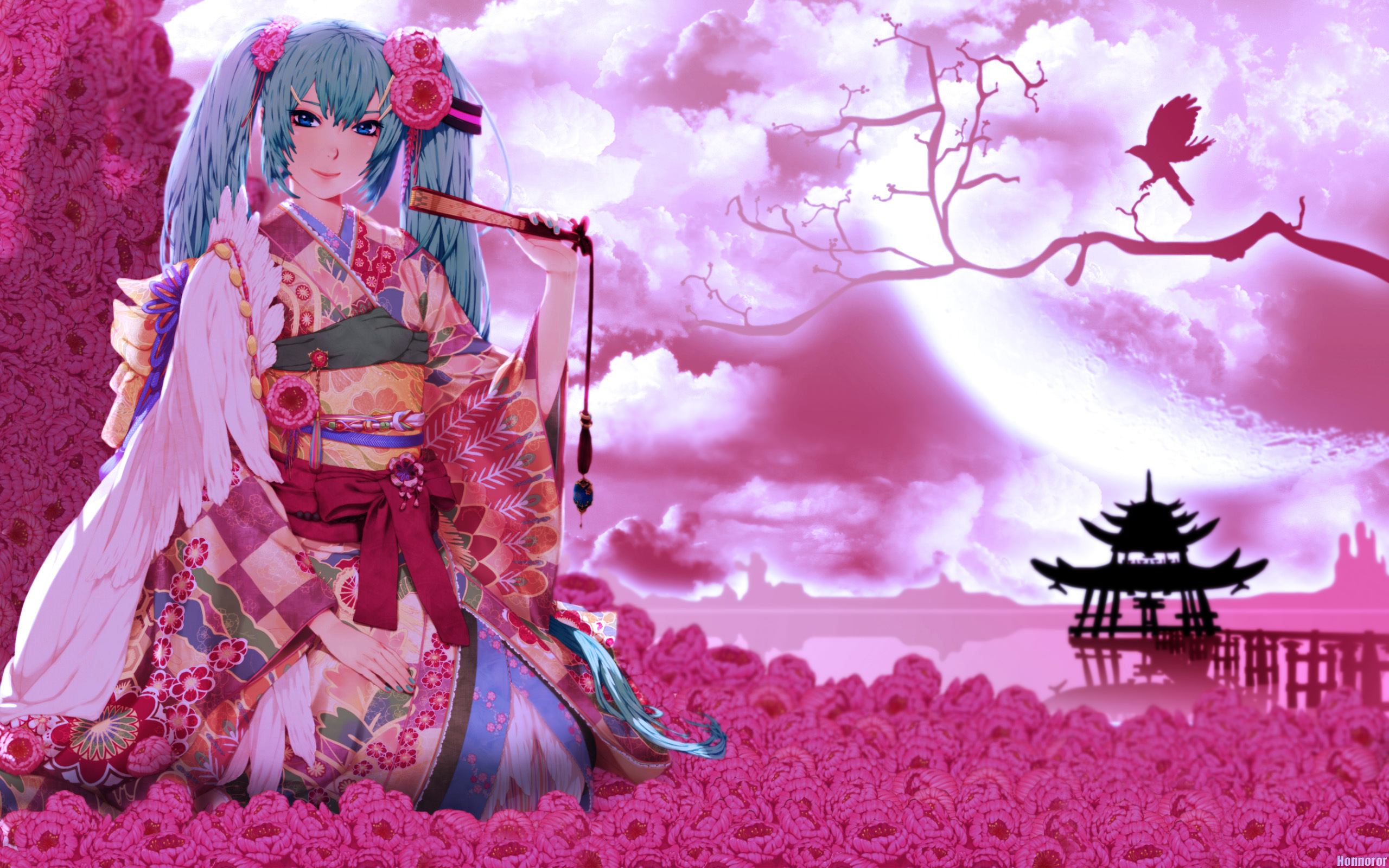 544973 Bild herunterladen animes, vocaloid, geisha, hatsune miku, kimono, orientalisch, rosa - Hintergrundbilder und Bildschirmschoner kostenlos