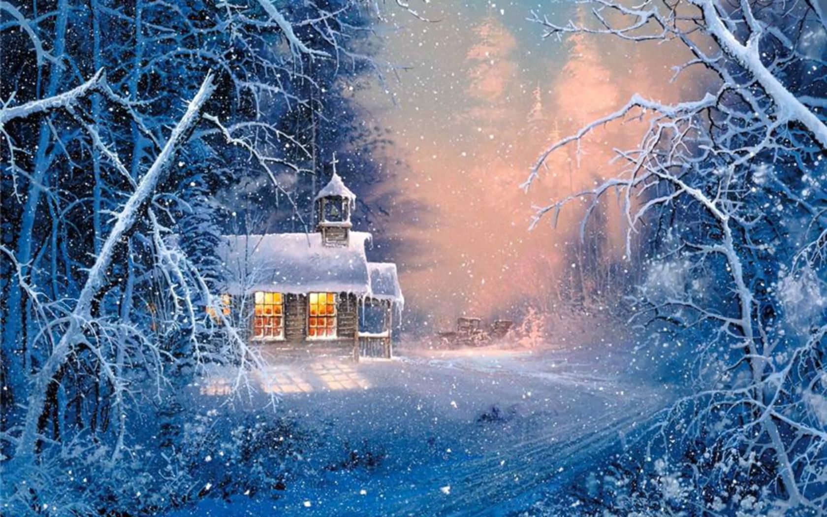 Laden Sie das Winter, Schnee, Straße, Baum, Kirche, Schneefall, Künstlerisch-Bild kostenlos auf Ihren PC-Desktop herunter