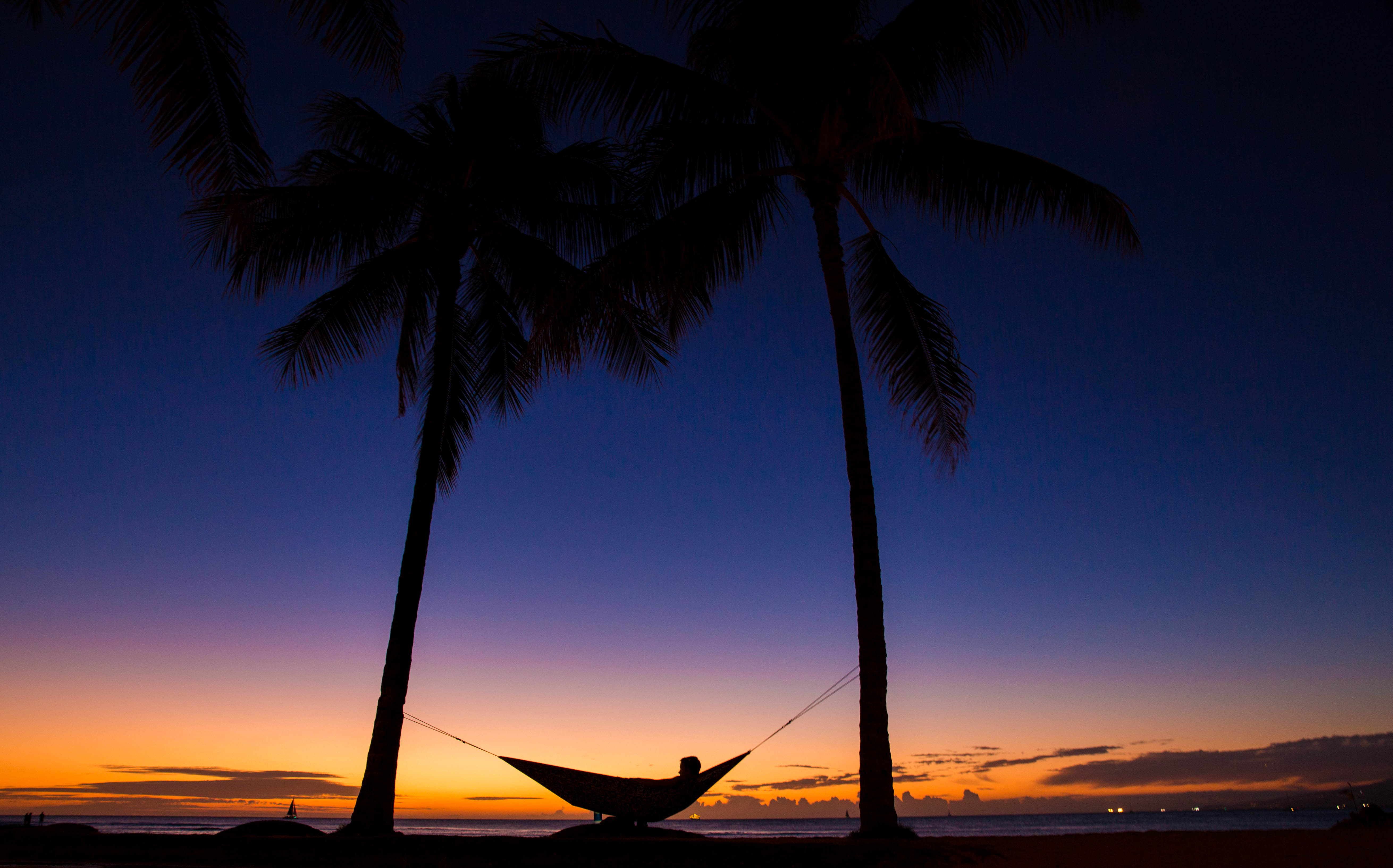 relaxation, dark, night, palms, silhouettes, rest, tropics, hammock