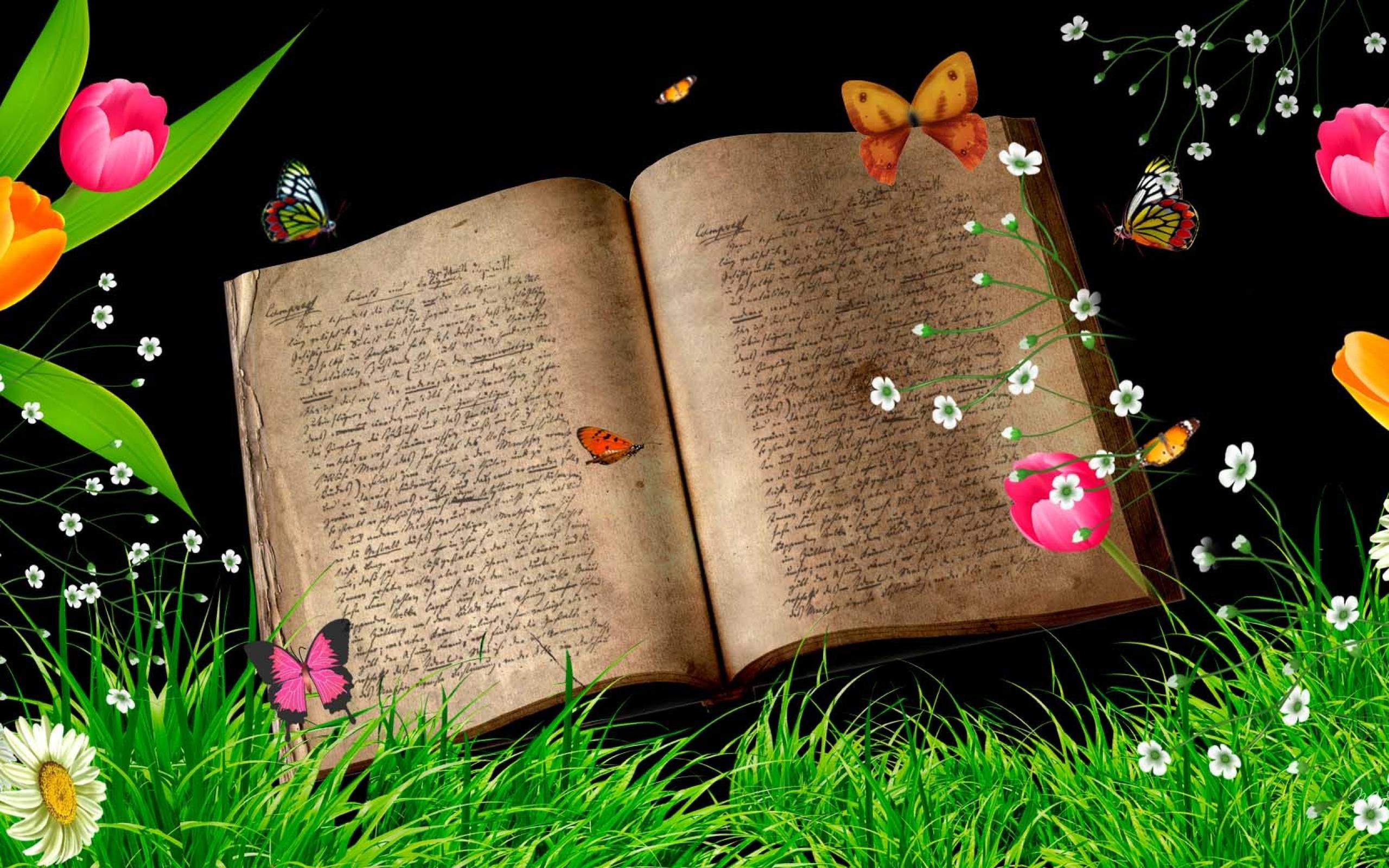 無料モバイル壁紙蝶, ファンタジー, 草, 花, 色, カラフル, 本, 芸術的, 魔法のをダウンロードします。