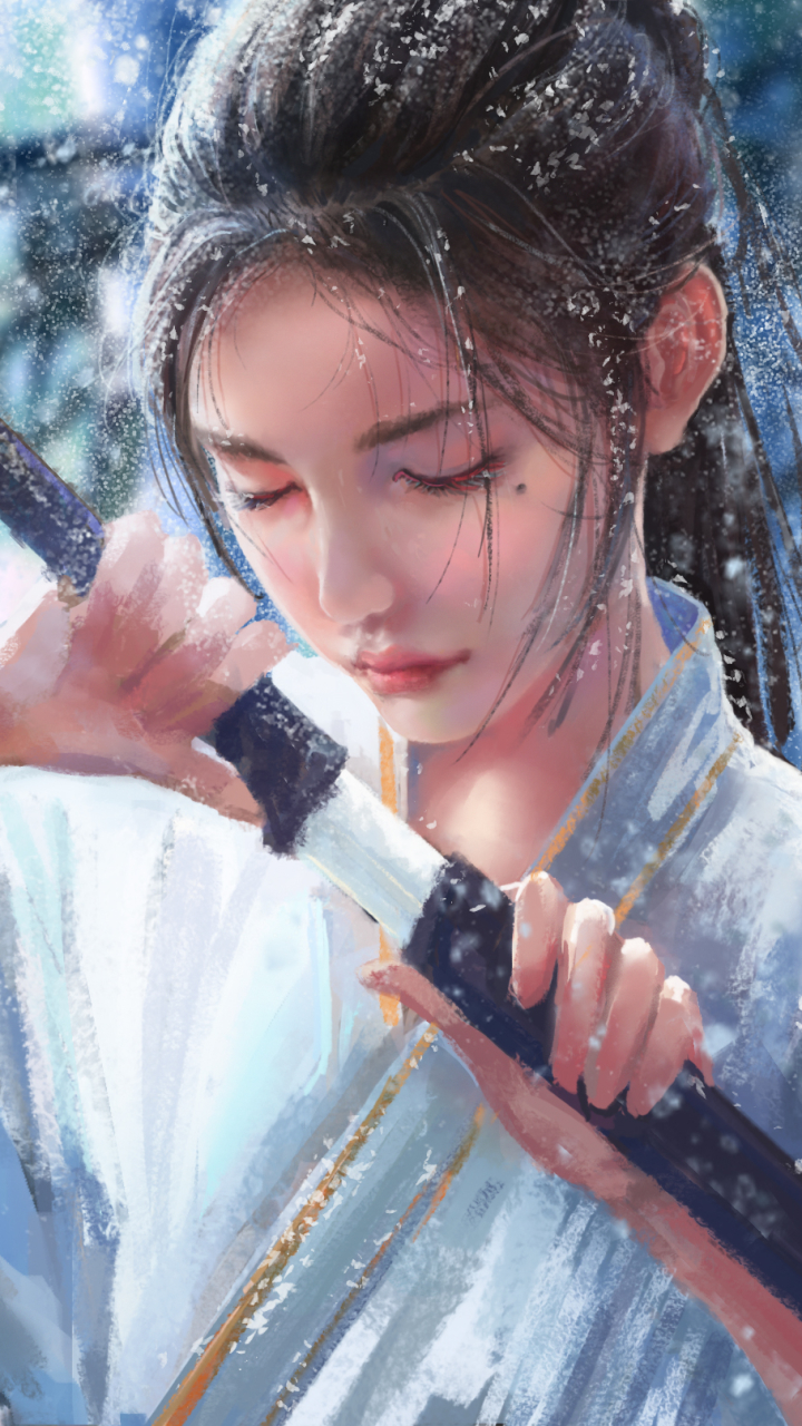 Download mobile wallpaper Fantasy, Samurai, Snowfall, Woman Warrior for free.