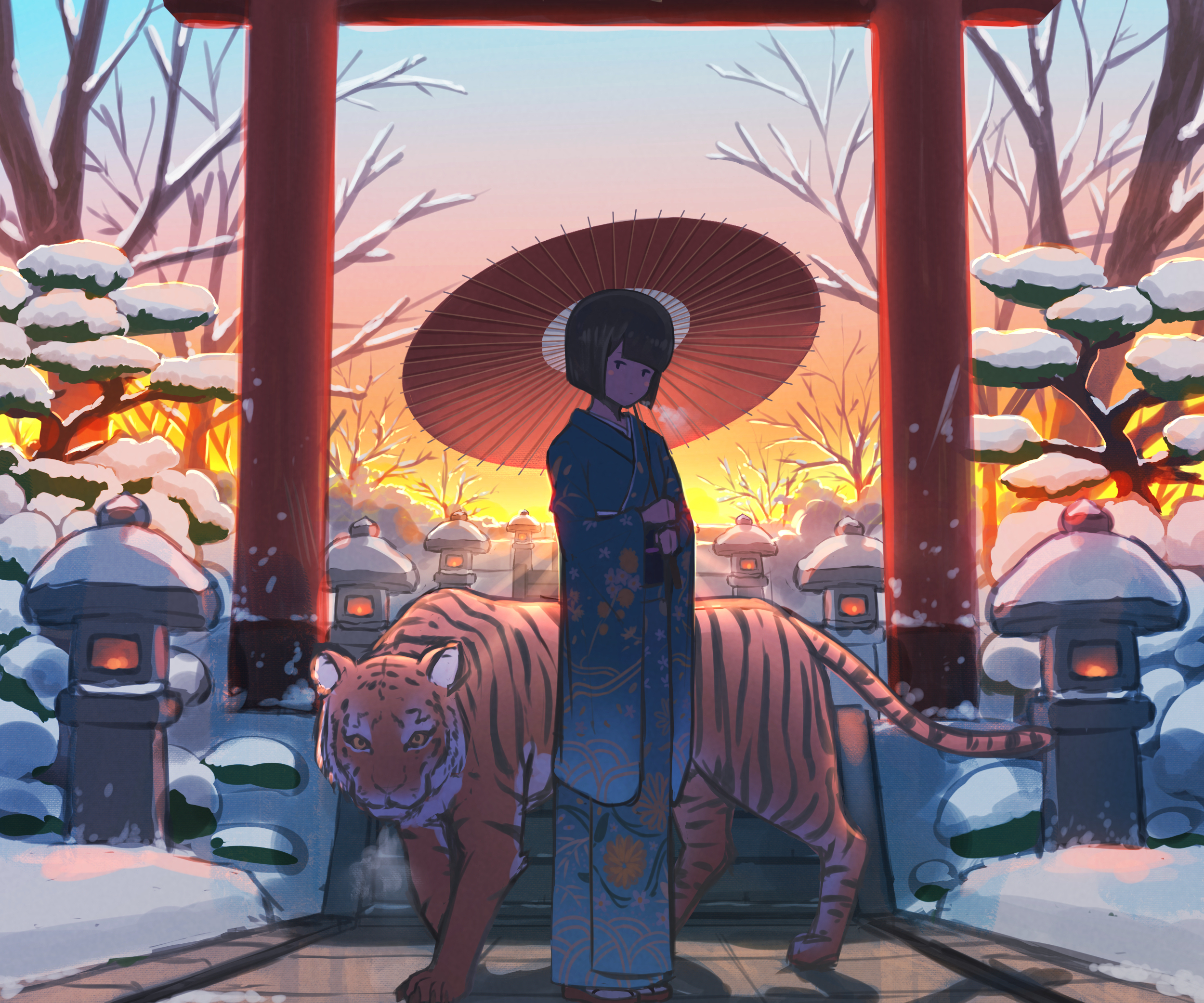 Free download wallpaper Anime, Girl, Tiger, Kimono on your PC desktop