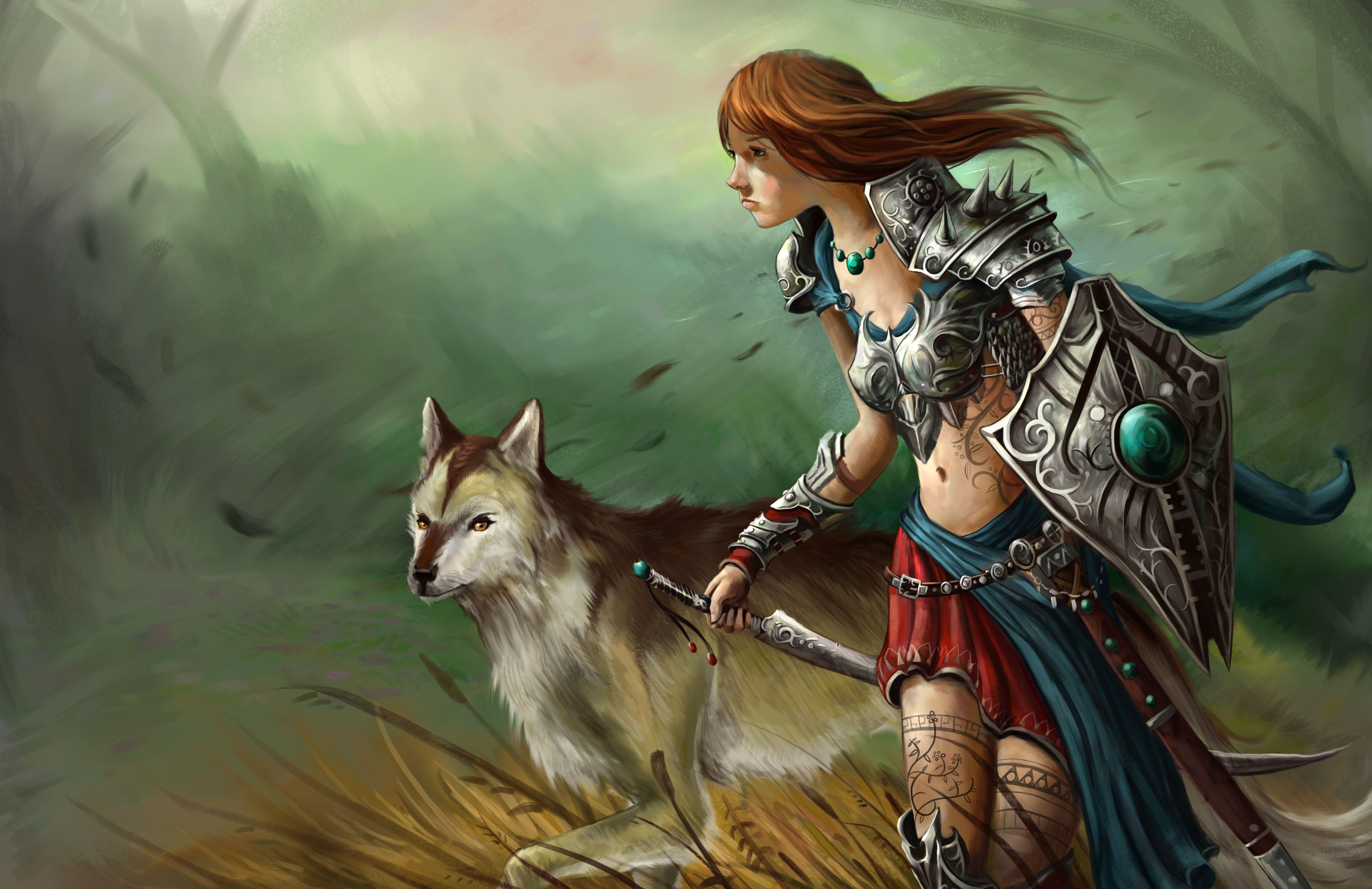 Laden Sie das Fantasie, Wolf, Krieger, Kriegerin-Bild kostenlos auf Ihren PC-Desktop herunter