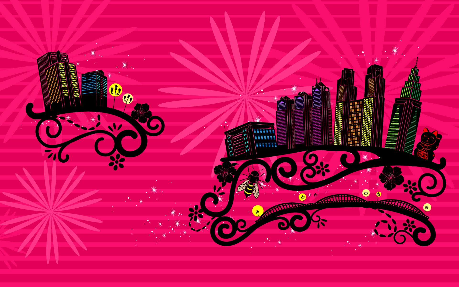 Download mobile wallpaper Abstract, Pink, City, Vector, Building, Flower for free.
