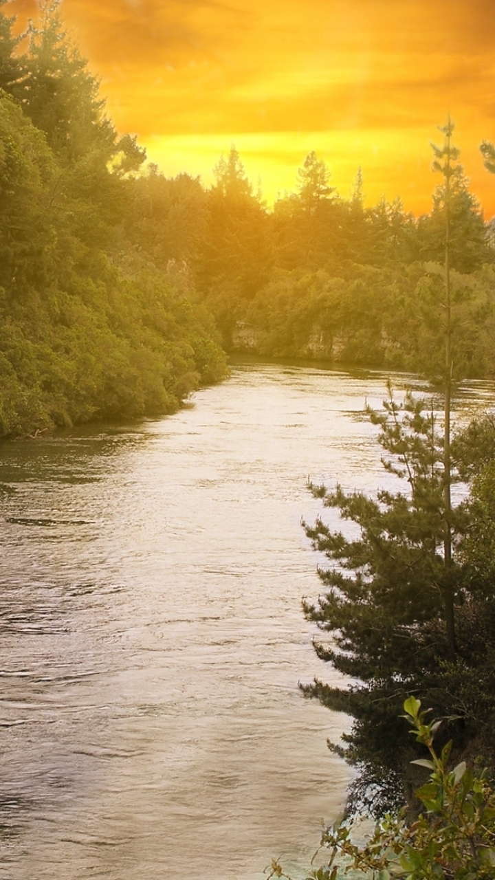 Download mobile wallpaper Water, Sunset, New Zealand, Earth, River for free.