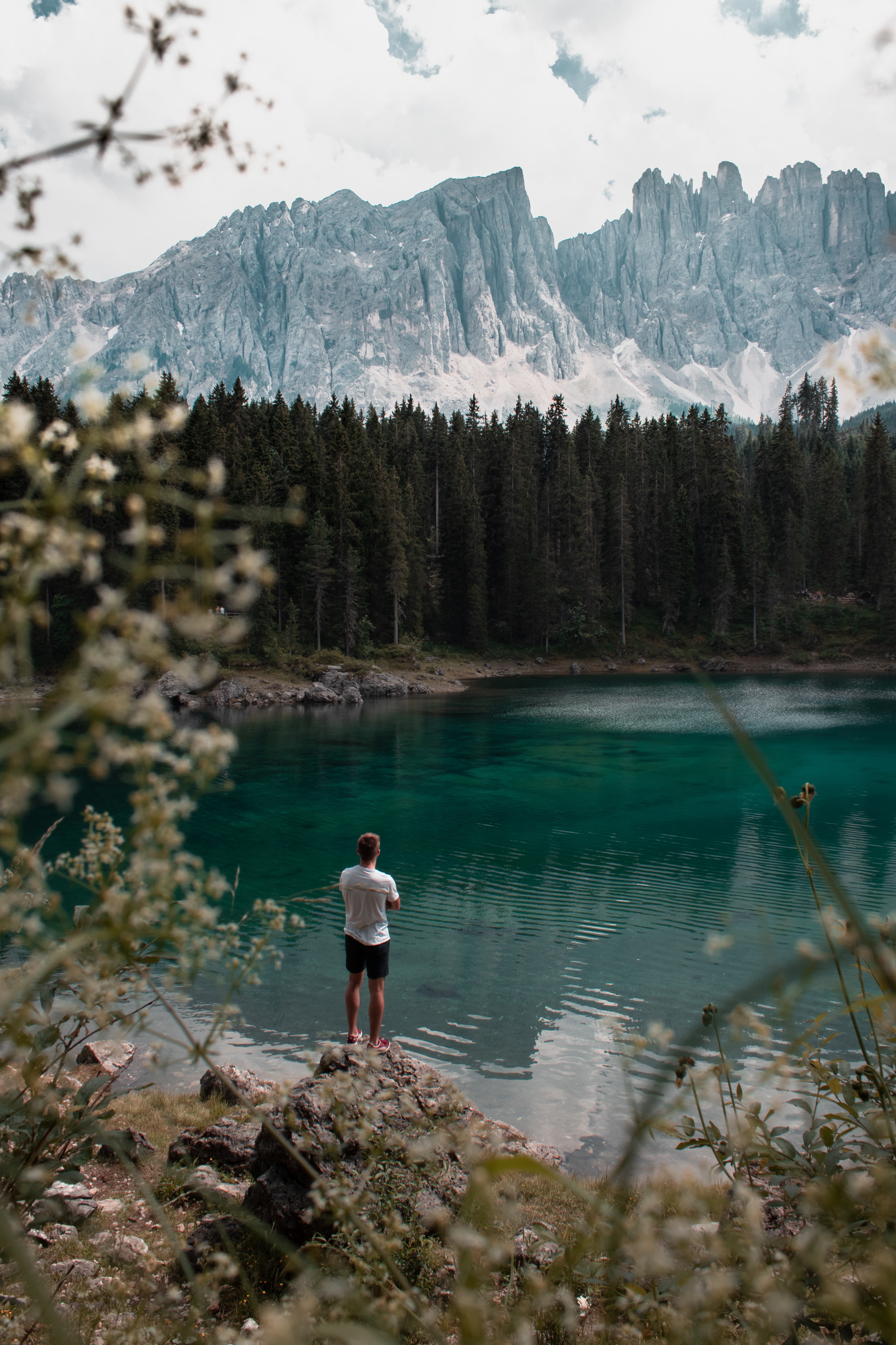 Download mobile wallpaper Forest, Lake, Person, Nature, Mountains, Human for free.