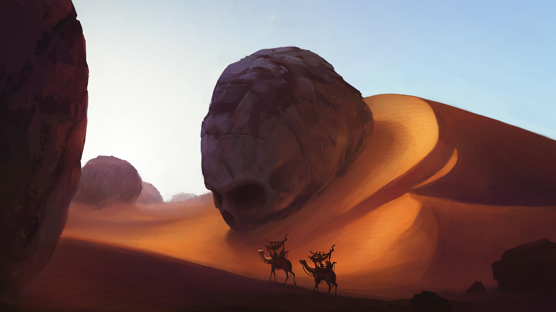 Download mobile wallpaper Fantasy, Desert, Dark, Dune, Skull, Camel for free.