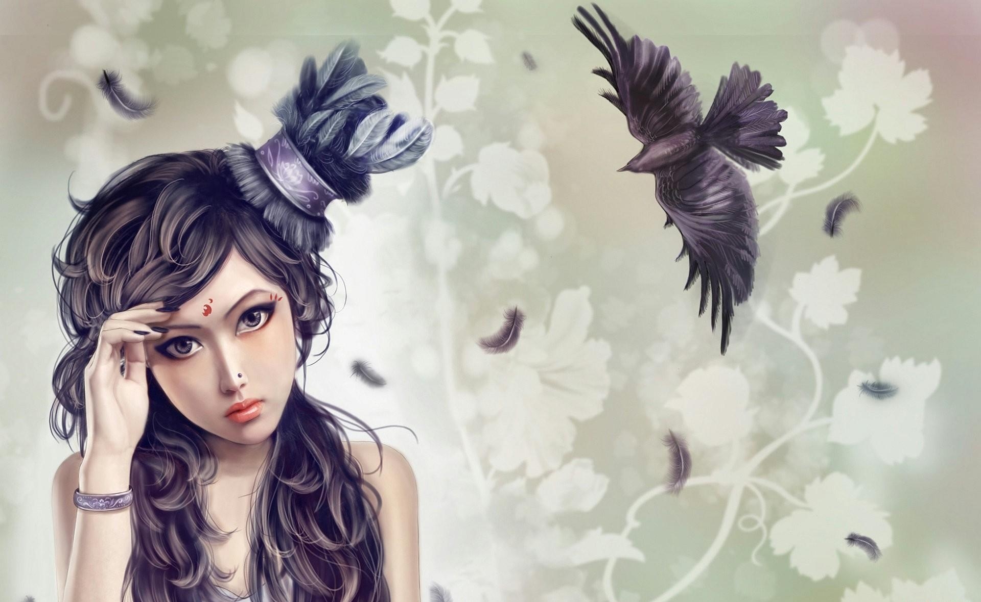 Download mobile wallpaper Cap, Hat, Flight, Bird, Feather, Raven, Girl, Fantasy for free.