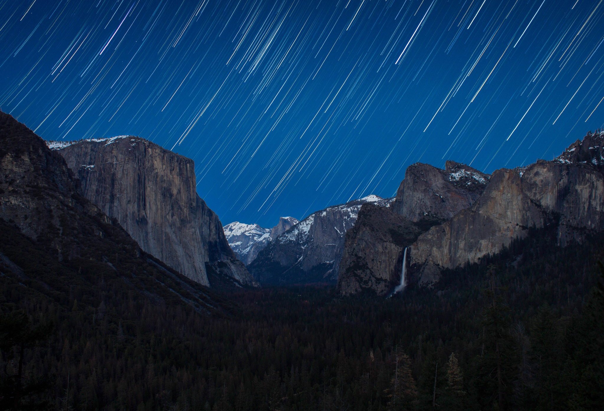 earth, yosemite national park, cliff, forest, mountain, night, sky, star trail, stars, national park