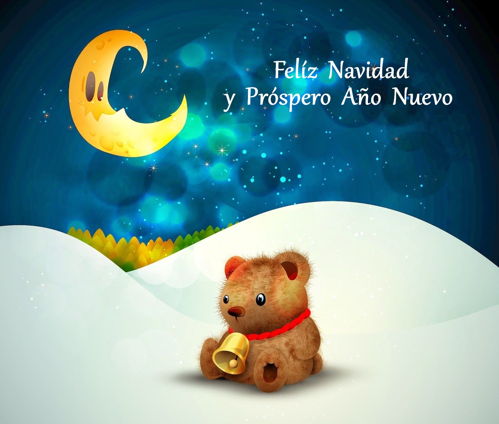 Download mobile wallpaper Stars, New Year, Night, Moon, Snow, Teddy Bear, Christmas, Holiday, Bell, Merry Christmas, Happy New Year for free.