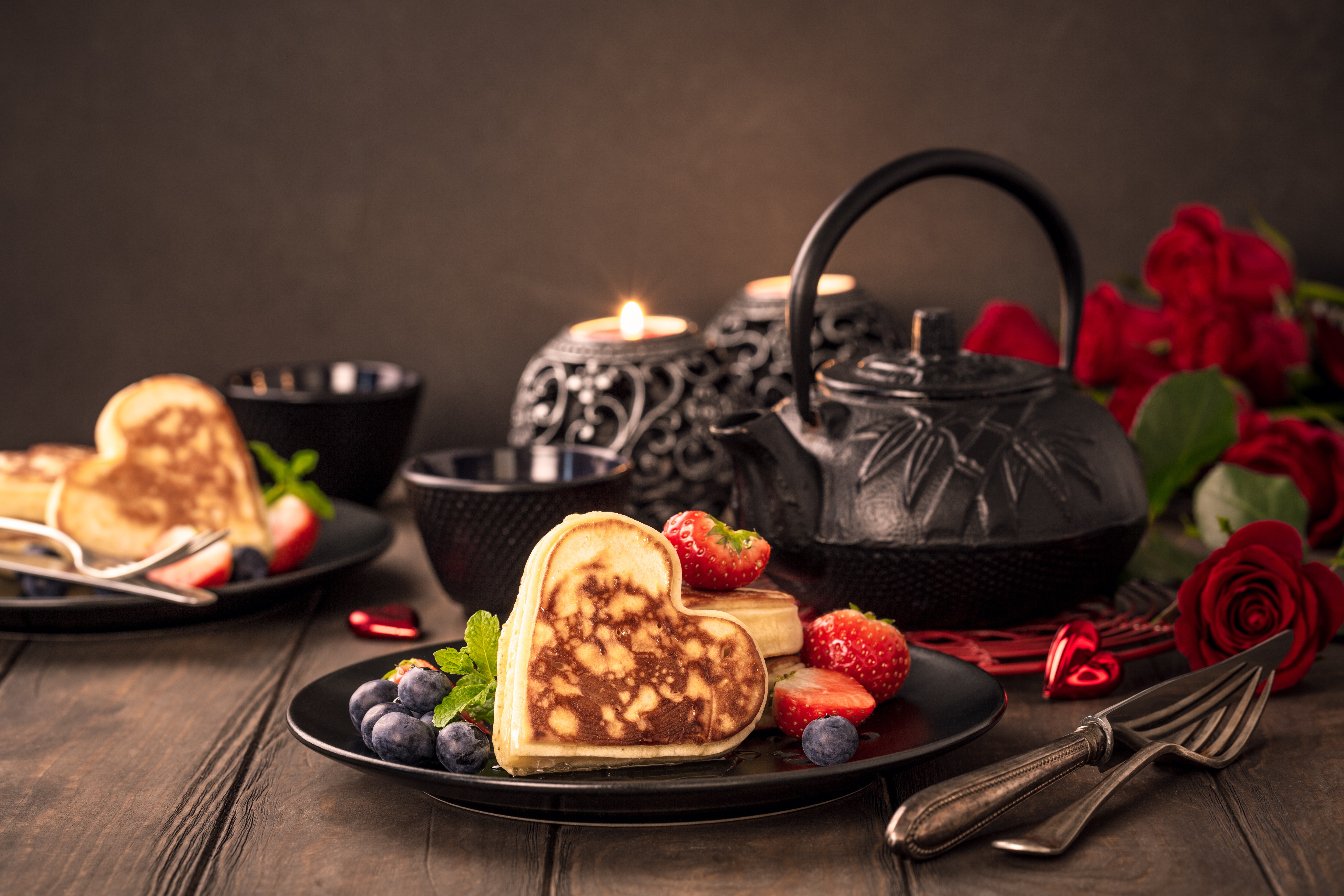 Free download wallpaper Food, Strawberry, Still Life, Rose, Berry, Fruit, Candle, Teapot, Breakfast, Heart Shaped on your PC desktop