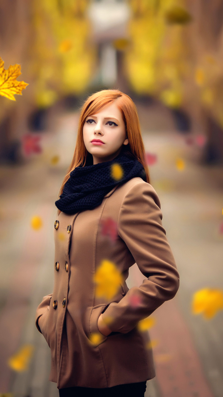 Download mobile wallpaper Fall, Redhead, Mood, Model, Women, Scarf, Depth Of Field for free.