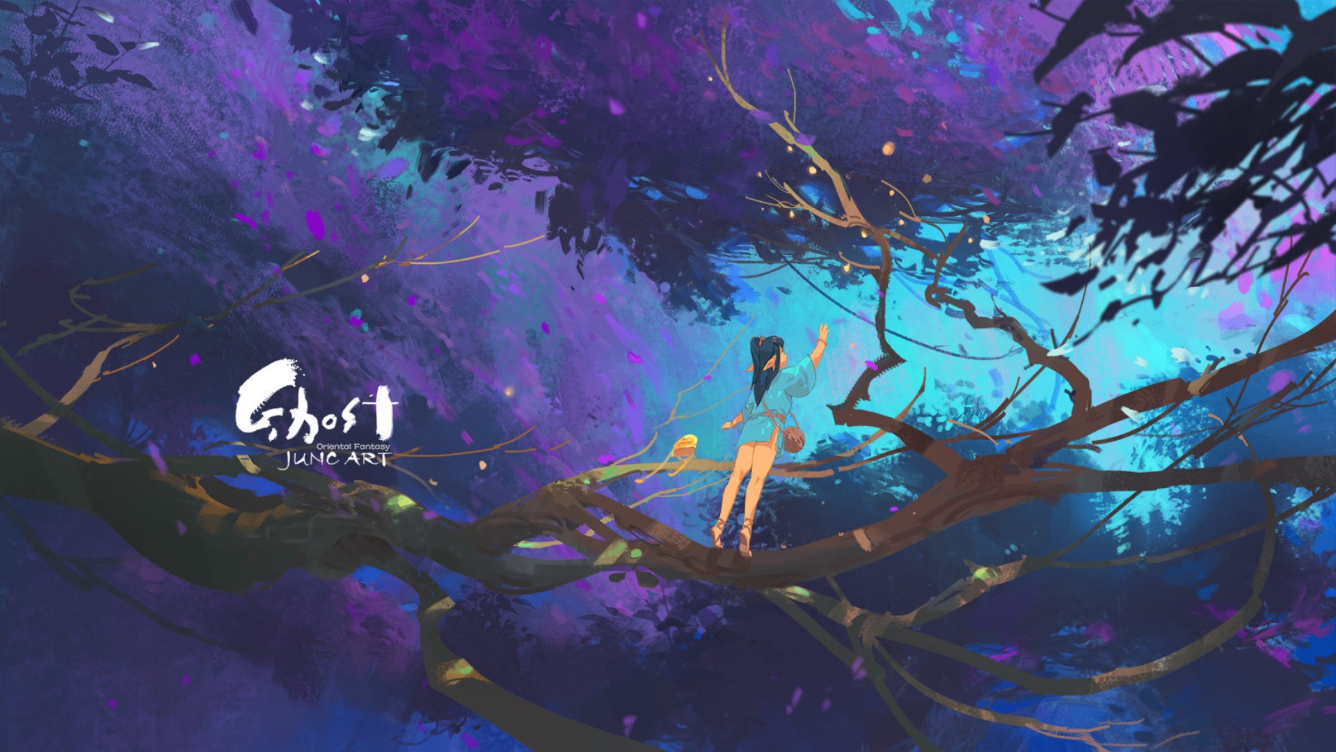 Free download wallpaper Anime, Night, Tree, Girl on your PC desktop