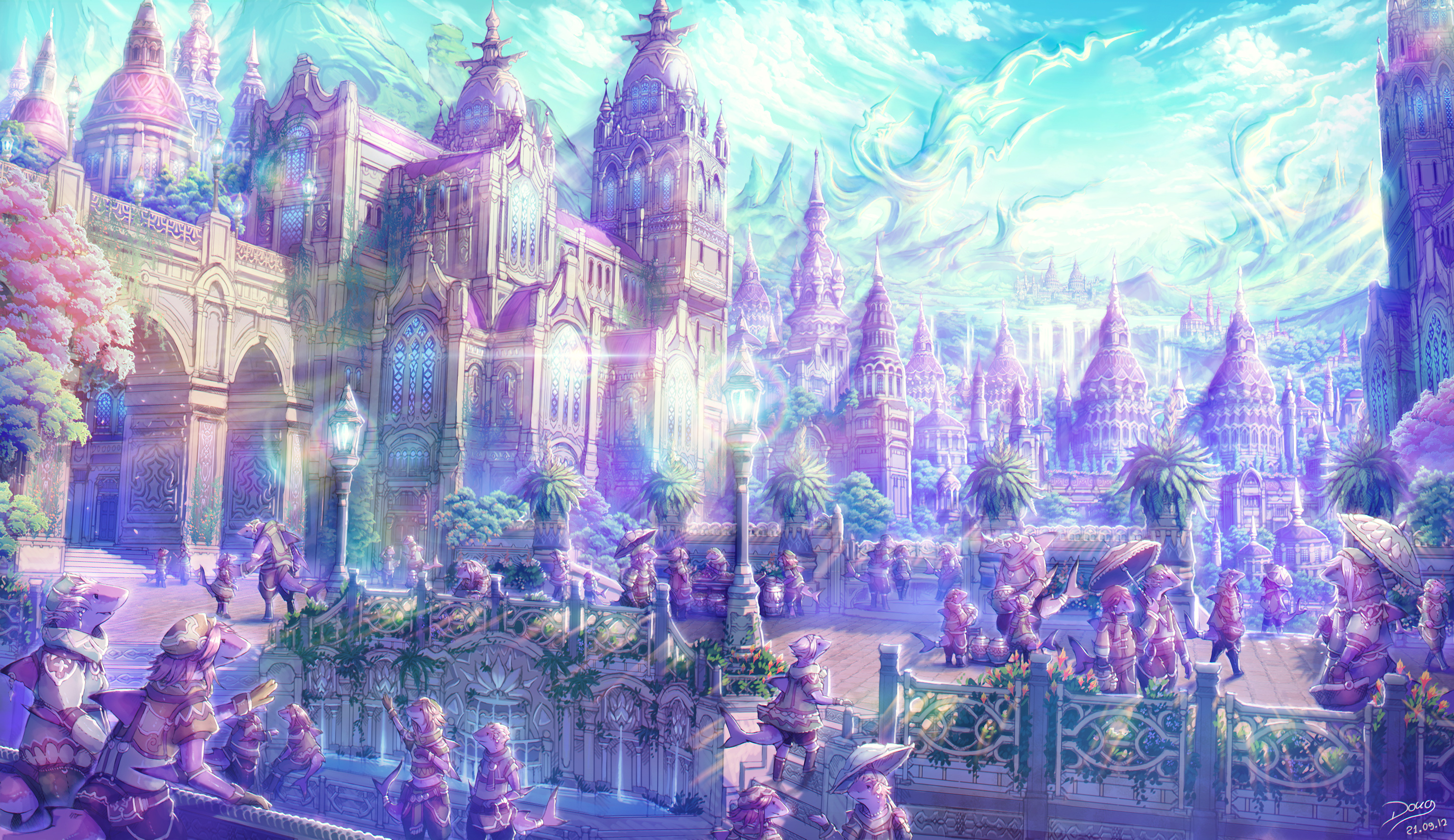 Free download wallpaper People, Fantasy, City, Building, Colorful, Sunbeam on your PC desktop