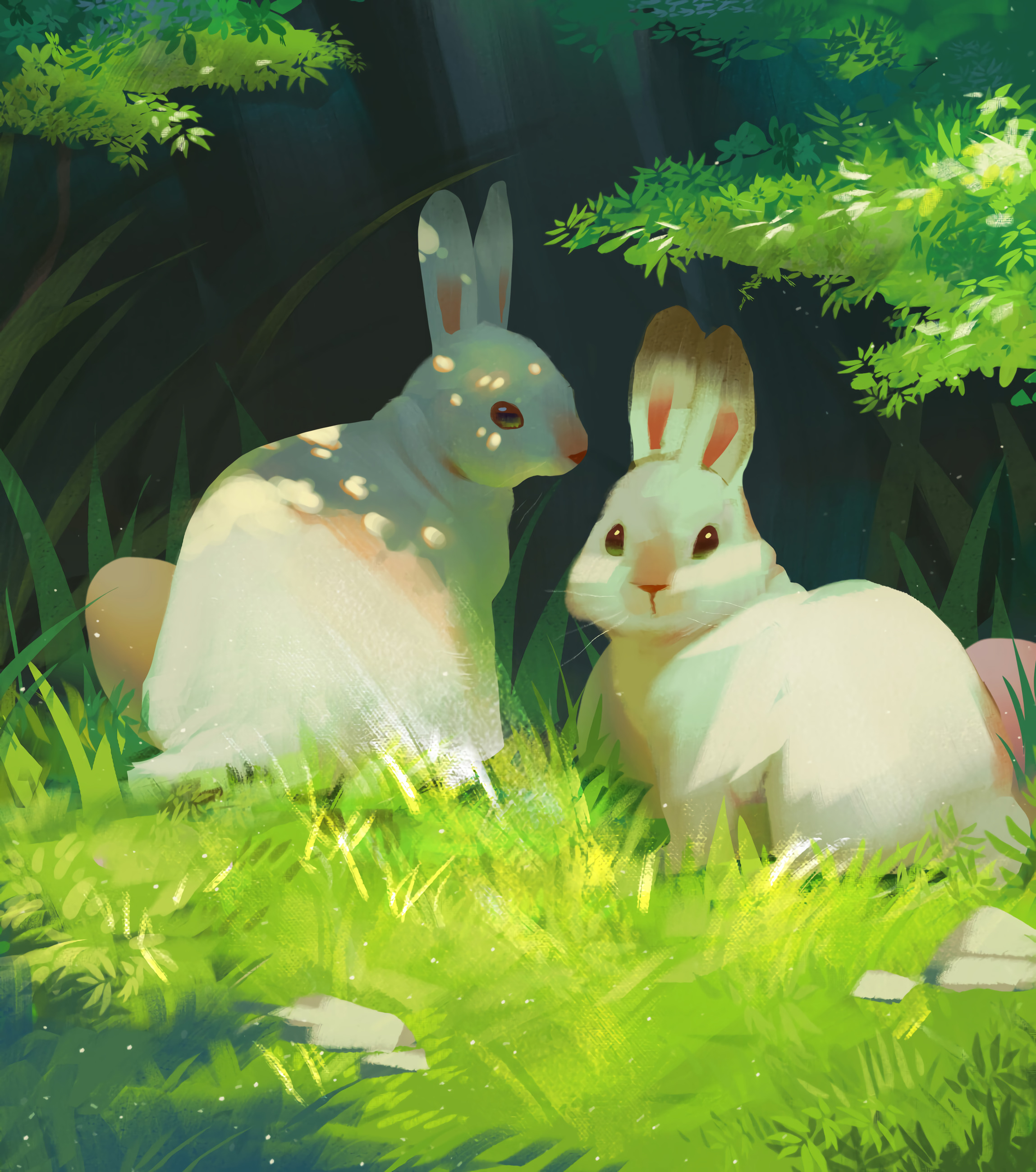 rabbits, art, animation, grass, nice, sweetheart HD wallpaper