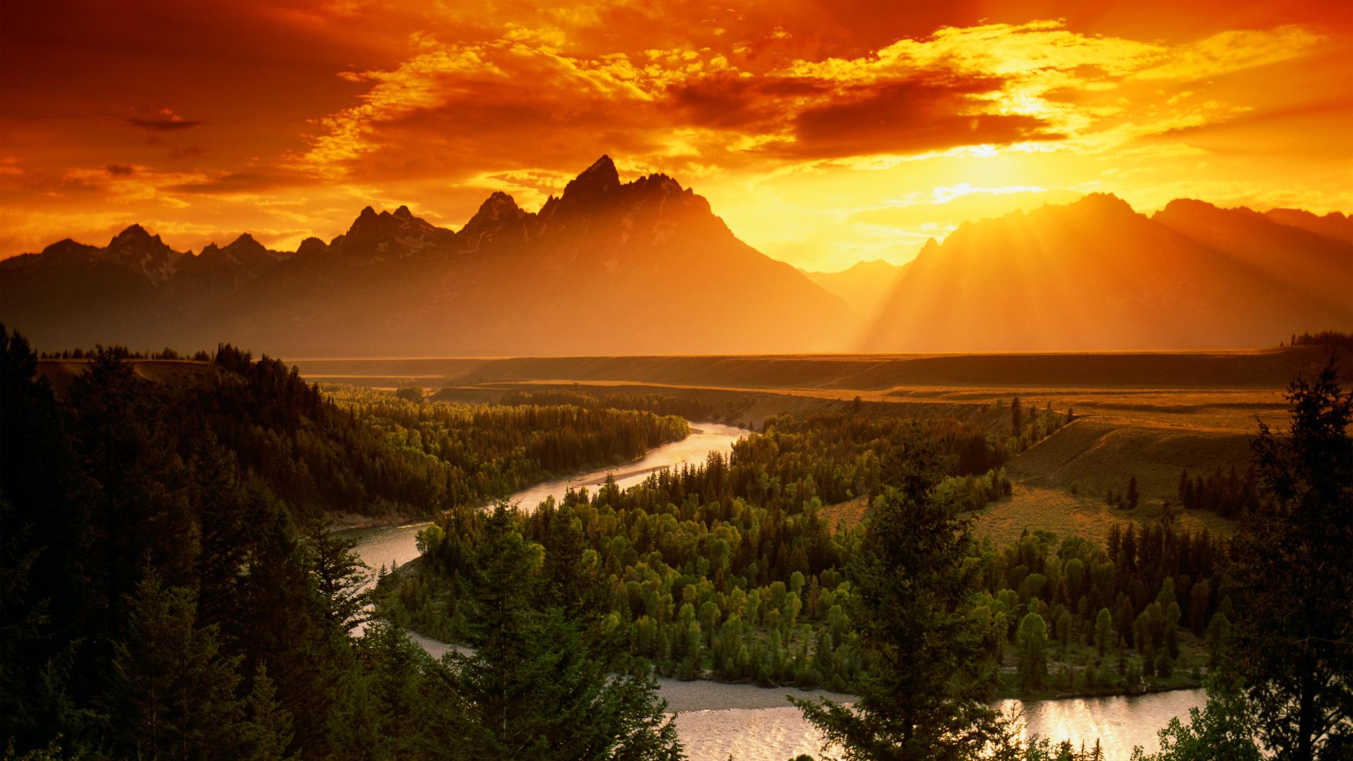 Free download wallpaper Sunset, Mountain, Forest, Earth, River on your PC desktop
