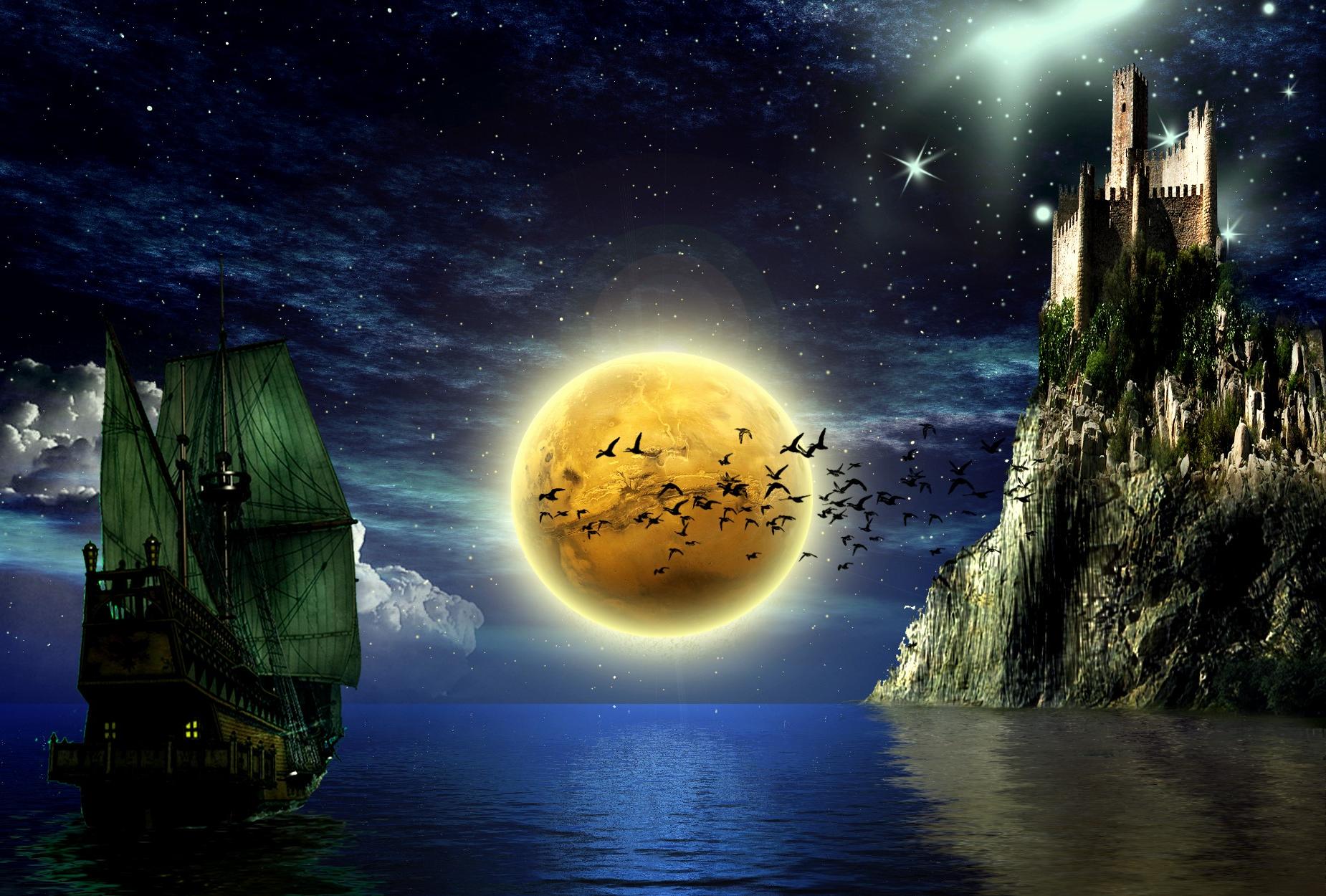 moon, fantasy, castle, dark, night, sailing, ship, stars, castles