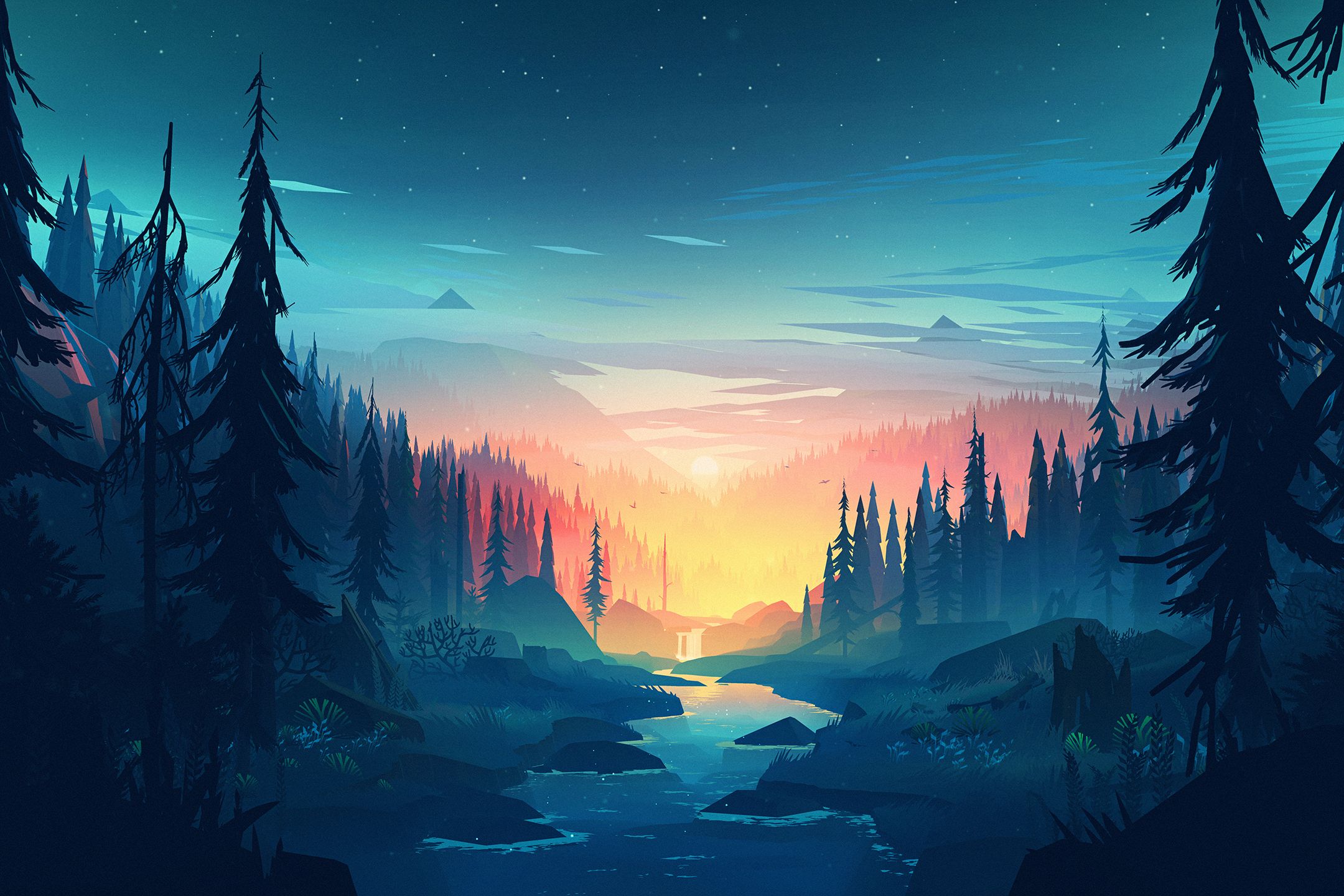 Laden Sie das Landschaft, Natur, Wald, Fluss, Sonnenuntergang, Künstlerisch-Bild kostenlos auf Ihren PC-Desktop herunter