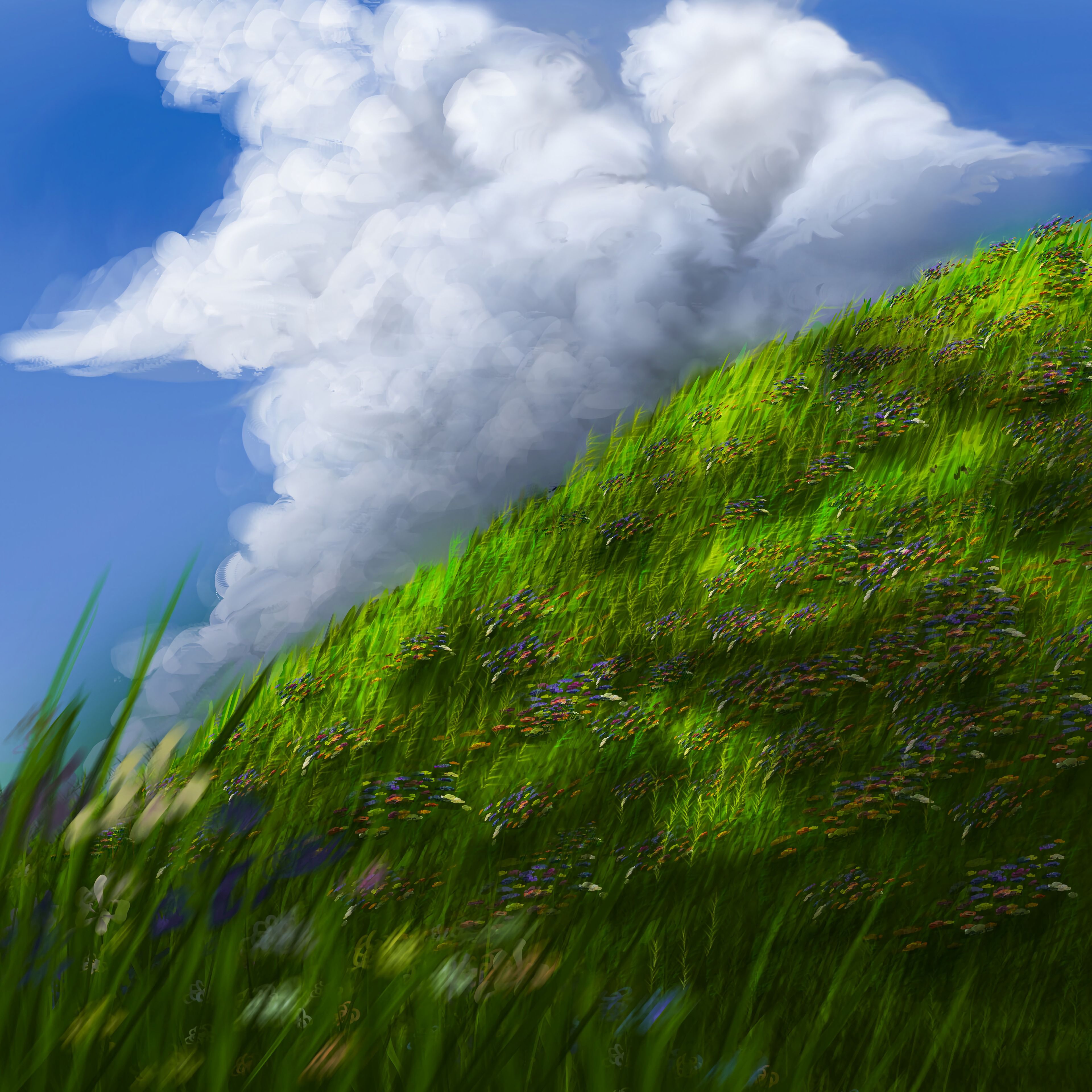 Download mobile wallpaper Slope, Grass, Sky, Flowers, Art for free.