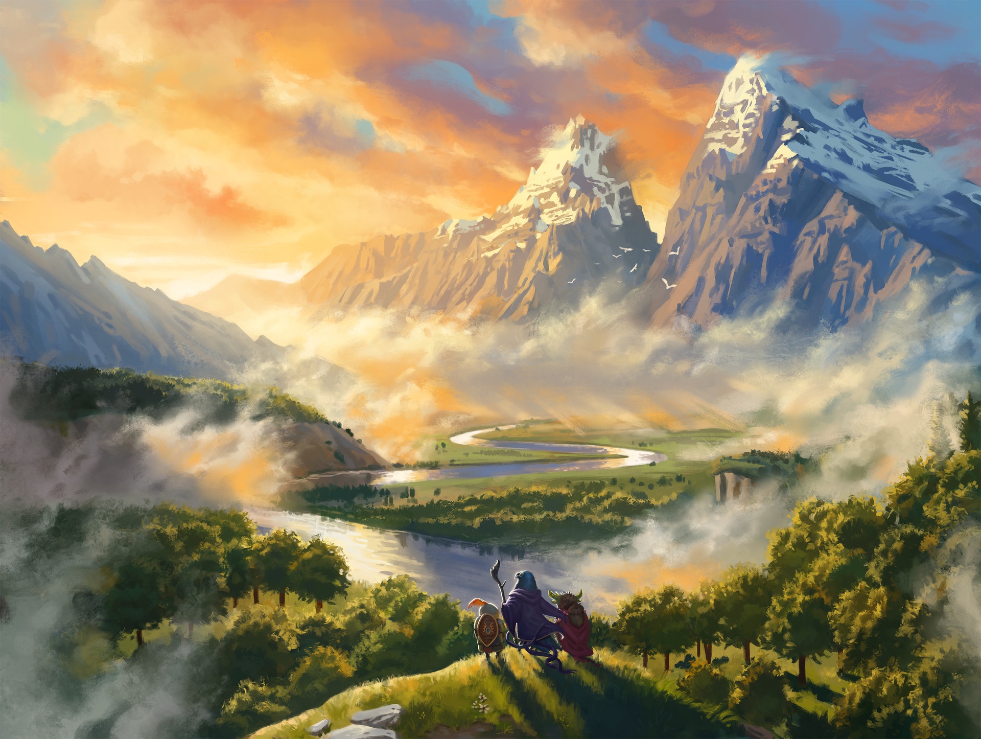 Laden Sie das Landschaft, Fantasie, Gipfel, Fluss, Gebirge-Bild kostenlos auf Ihren PC-Desktop herunter