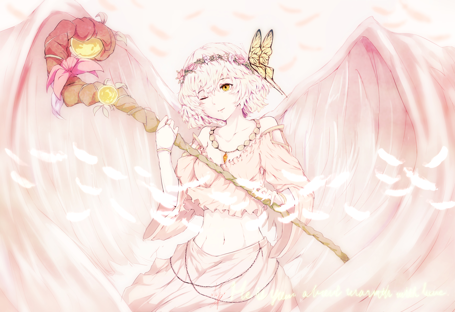 Download mobile wallpaper Anime, Feather, Smile, Wings, Angel, Yellow Eyes, Headdress, Wink, Necklace, Staff, Short Hair, White Hair for free.