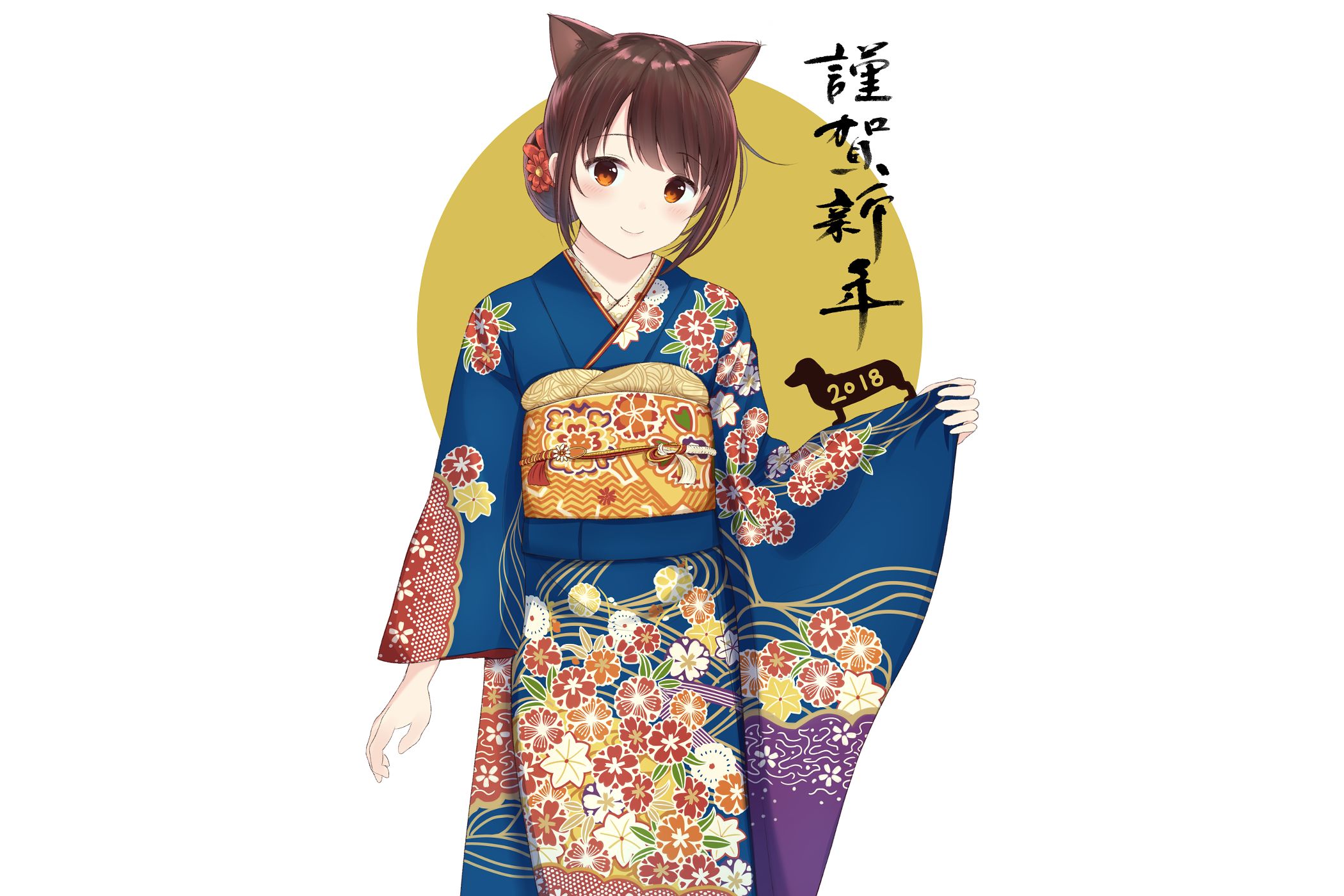 Download mobile wallpaper Anime, Kimono, Original, Brown Hair, Short Hair, Nekomimi for free.