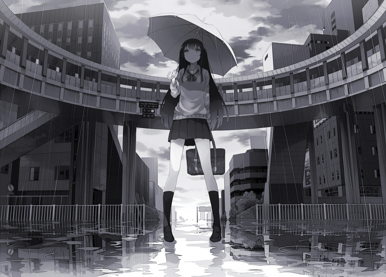 Download mobile wallpaper Anime, Sky, Rain, Building, Reflection, Bridge, Umbrella, Original, Long Hair for free.