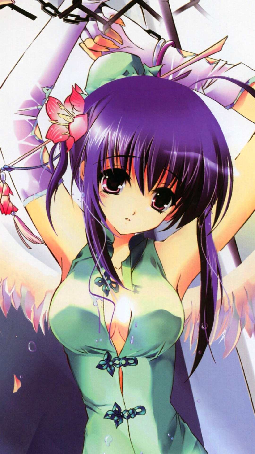 Download mobile wallpaper Anime, Wings, Angel, Purple Hair, Pink Eyes for free.