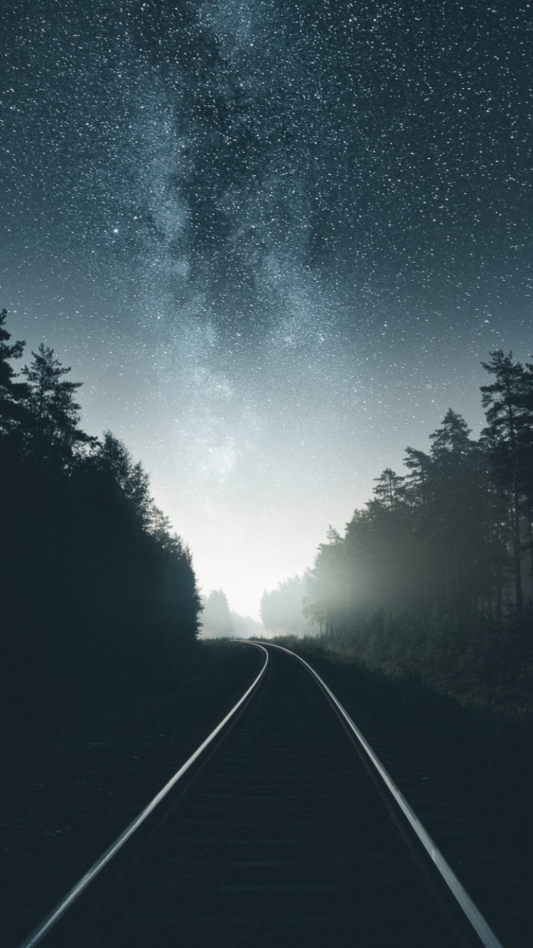 Download mobile wallpaper Sky, Night, Starry Sky, Railroad, Man Made for free.