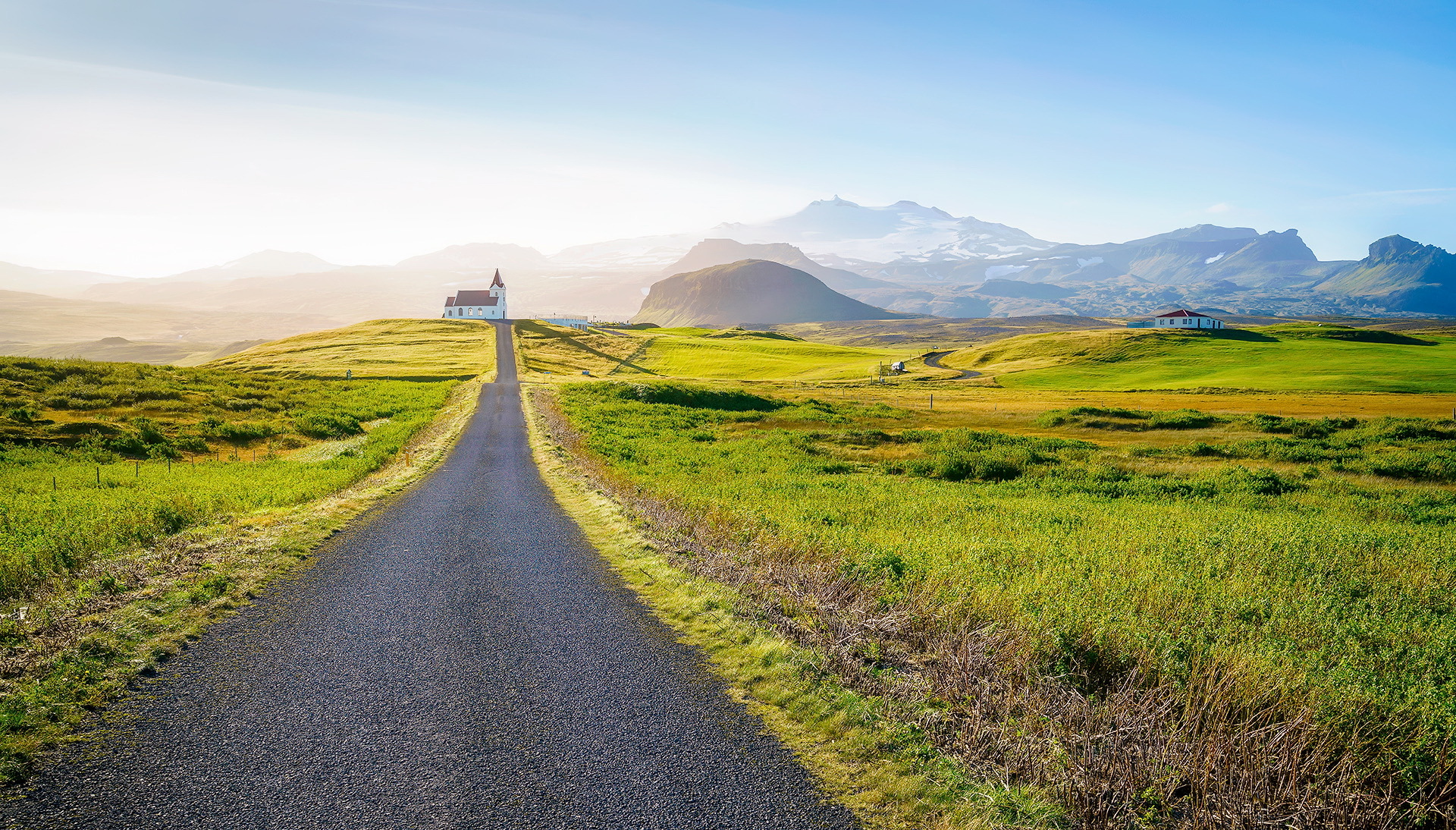 church, iceland, road, landscape, religious, field, churches