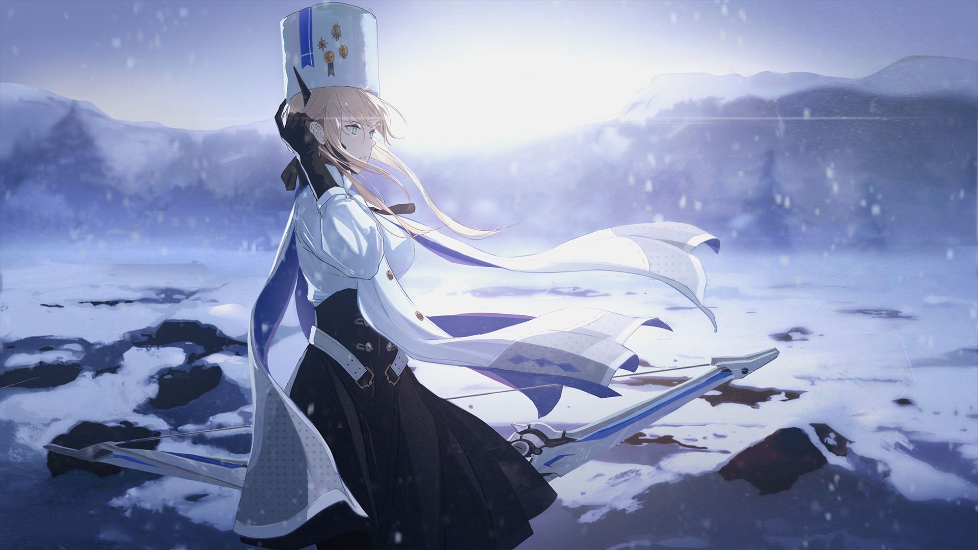 Handy-Wallpaper Schnee, Kleid, Blaue Augen, Original, Blondinen, Animes, Verneigung kostenlos herunterladen.