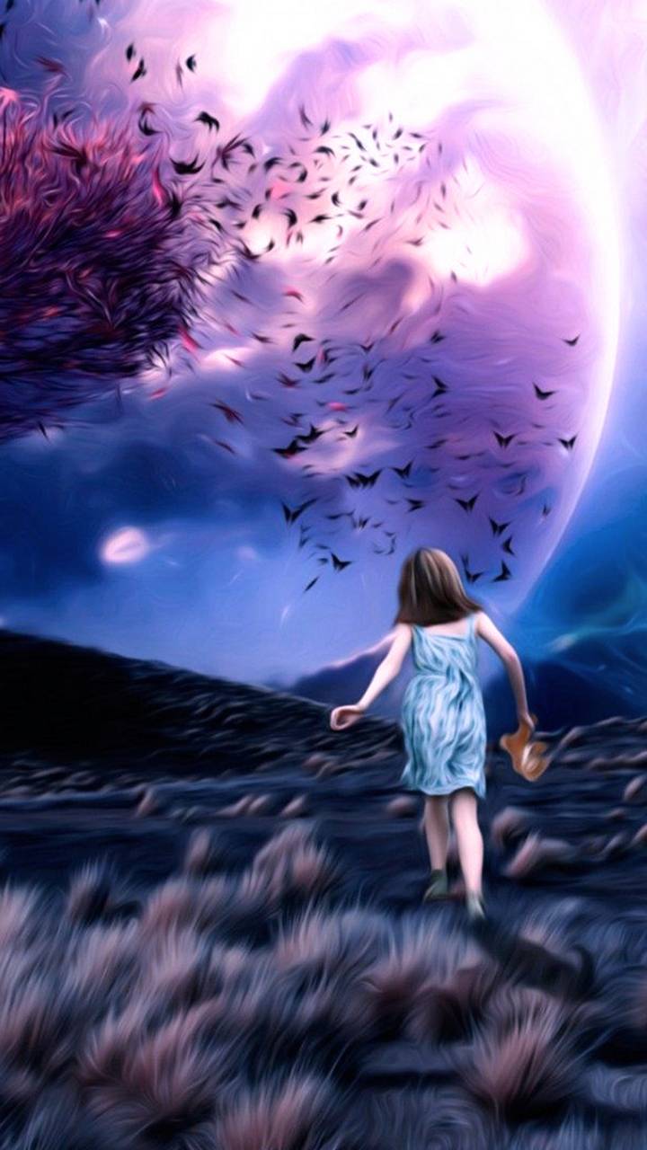 Download mobile wallpaper Fantasy, Moon, Leaf, Purple, Child, Little Girl for free.