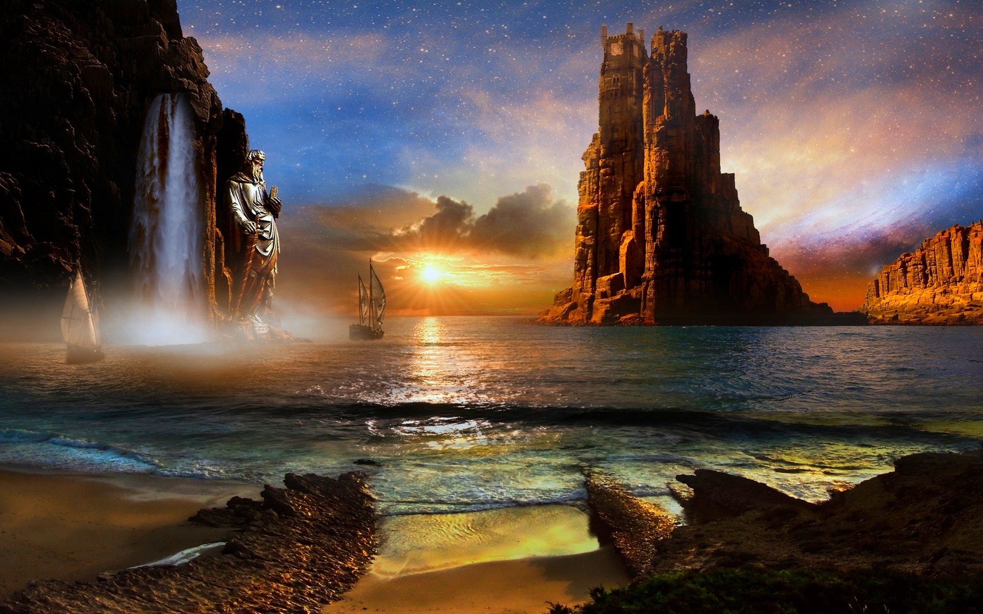 Download mobile wallpaper Landscape, Fantasy, Sky, Stars, Horizon, Ocean, Boat for free.