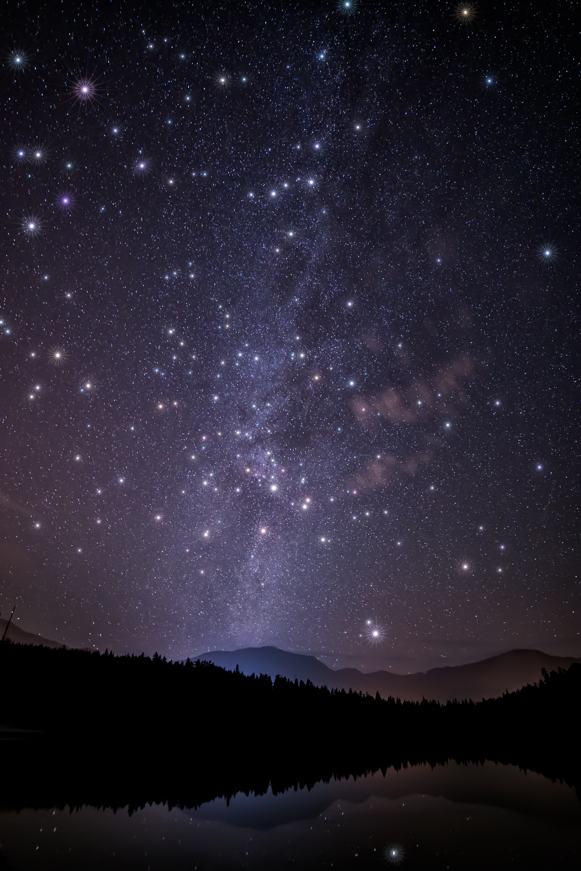 Download mobile wallpaper Trees, Sky, Forest, Mountains, Starry Sky, Stars, Shine, Night, Brilliance, Dark for free.